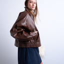 Topshop oversized faux leather drop shoulder cropped zip thru jacket in chocolate
