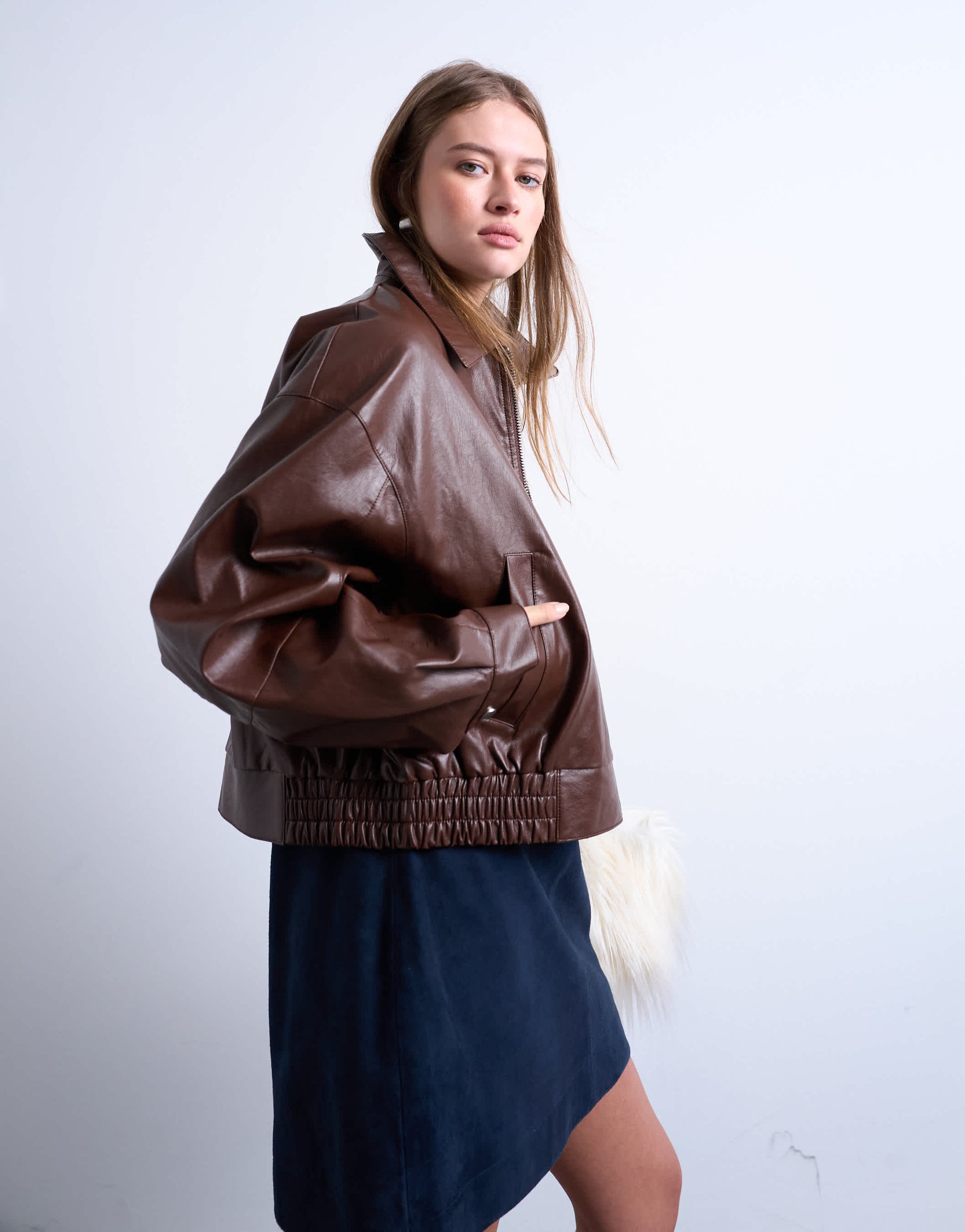 Topshop oversized faux leather drop shoulder cropped zip thru jacket in chocolate