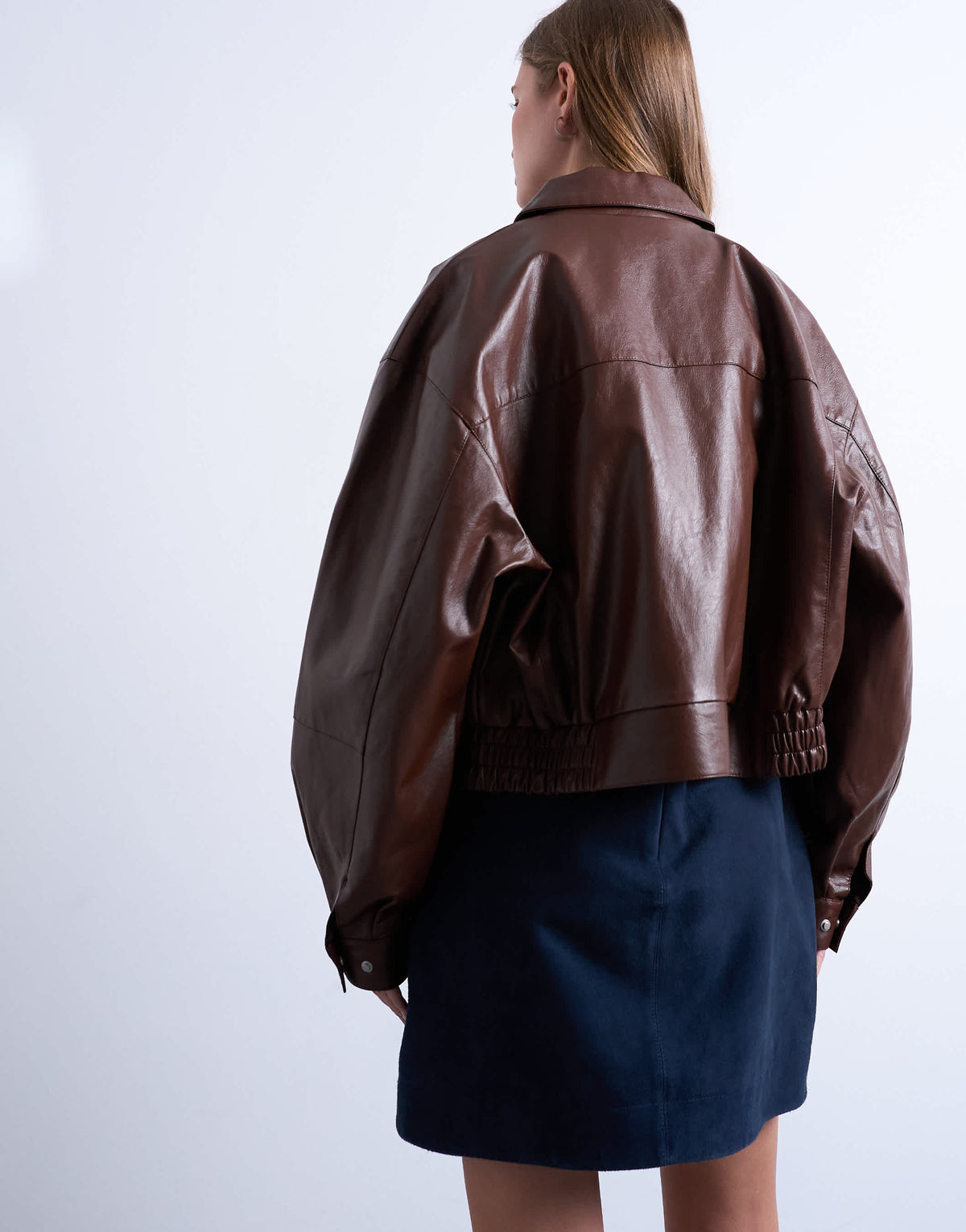 Topshop oversized faux leather drop shoulder cropped zip thru jacket in chocolate