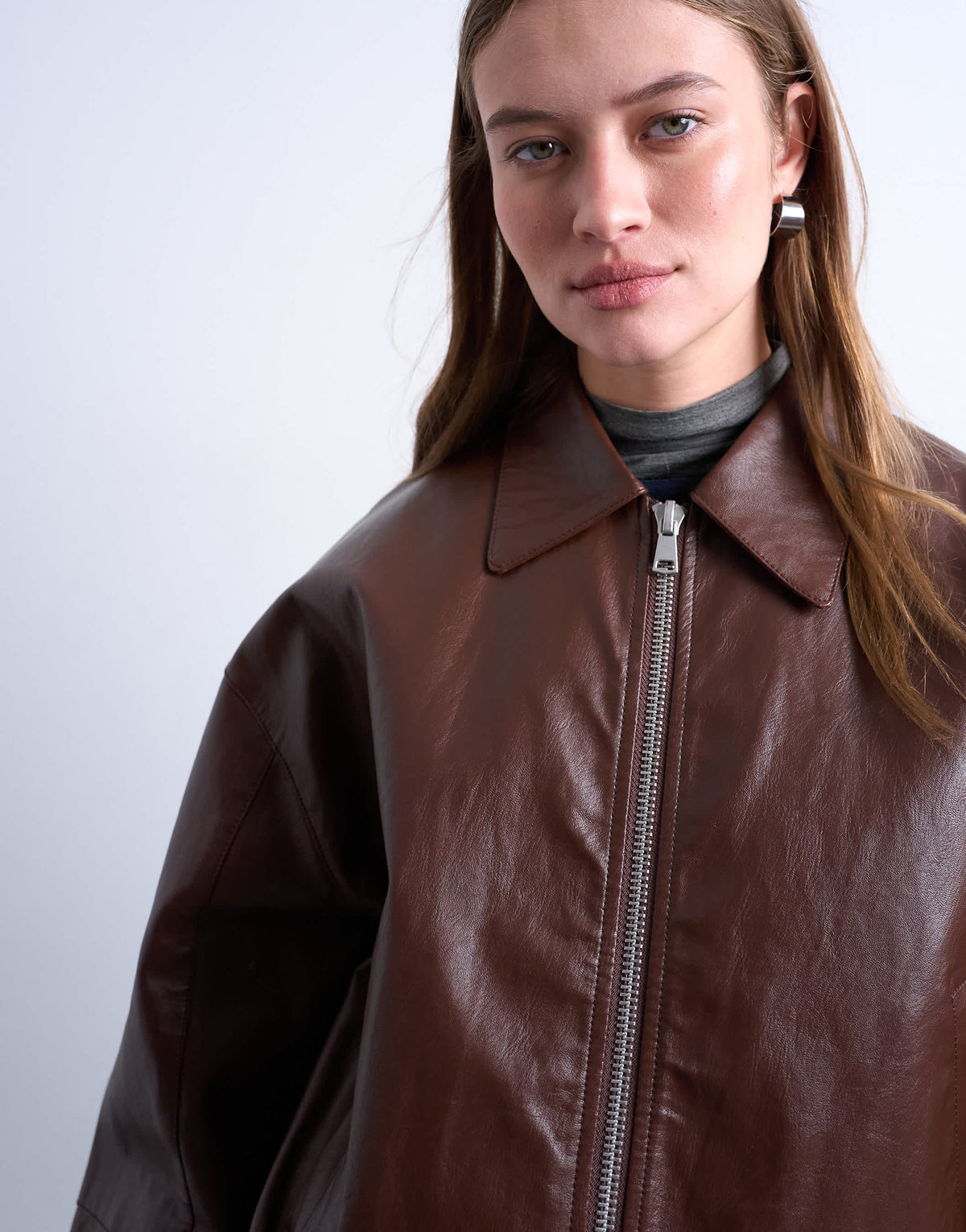 Topshop oversized faux leather drop shoulder cropped zip thru jacket in chocolate