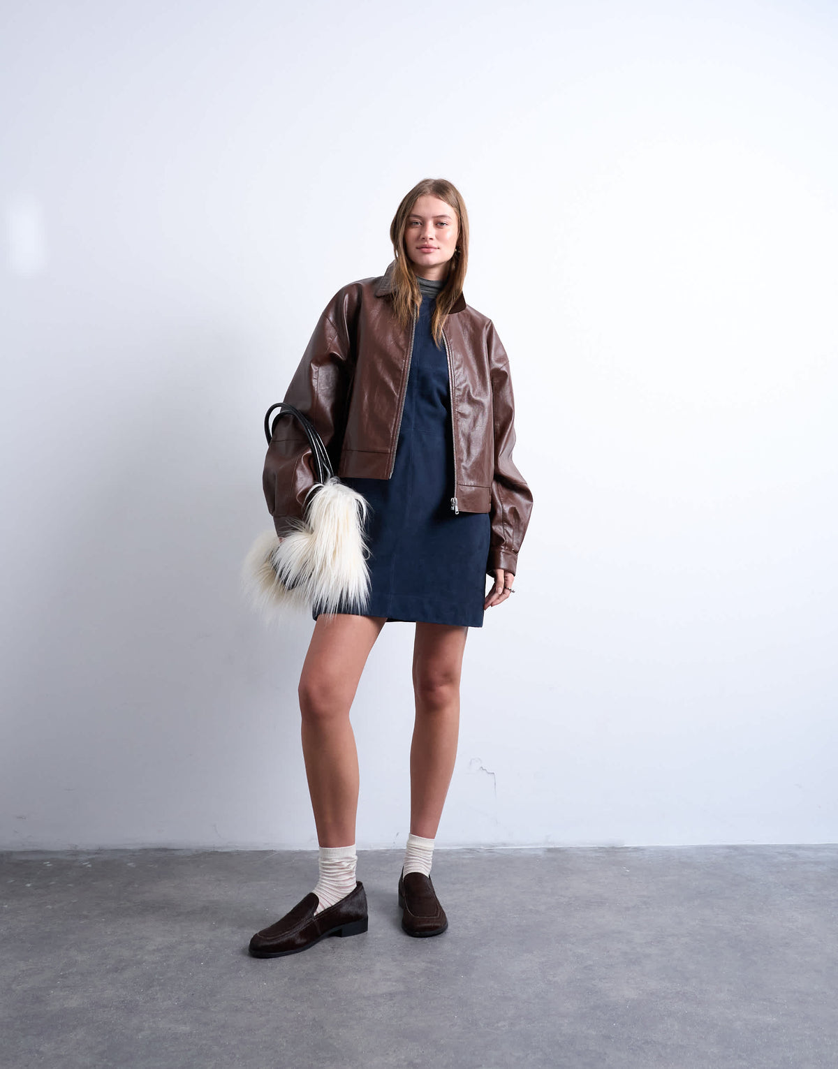 Topshop oversized faux leather drop shoulder cropped zip thru jacket in chocolate