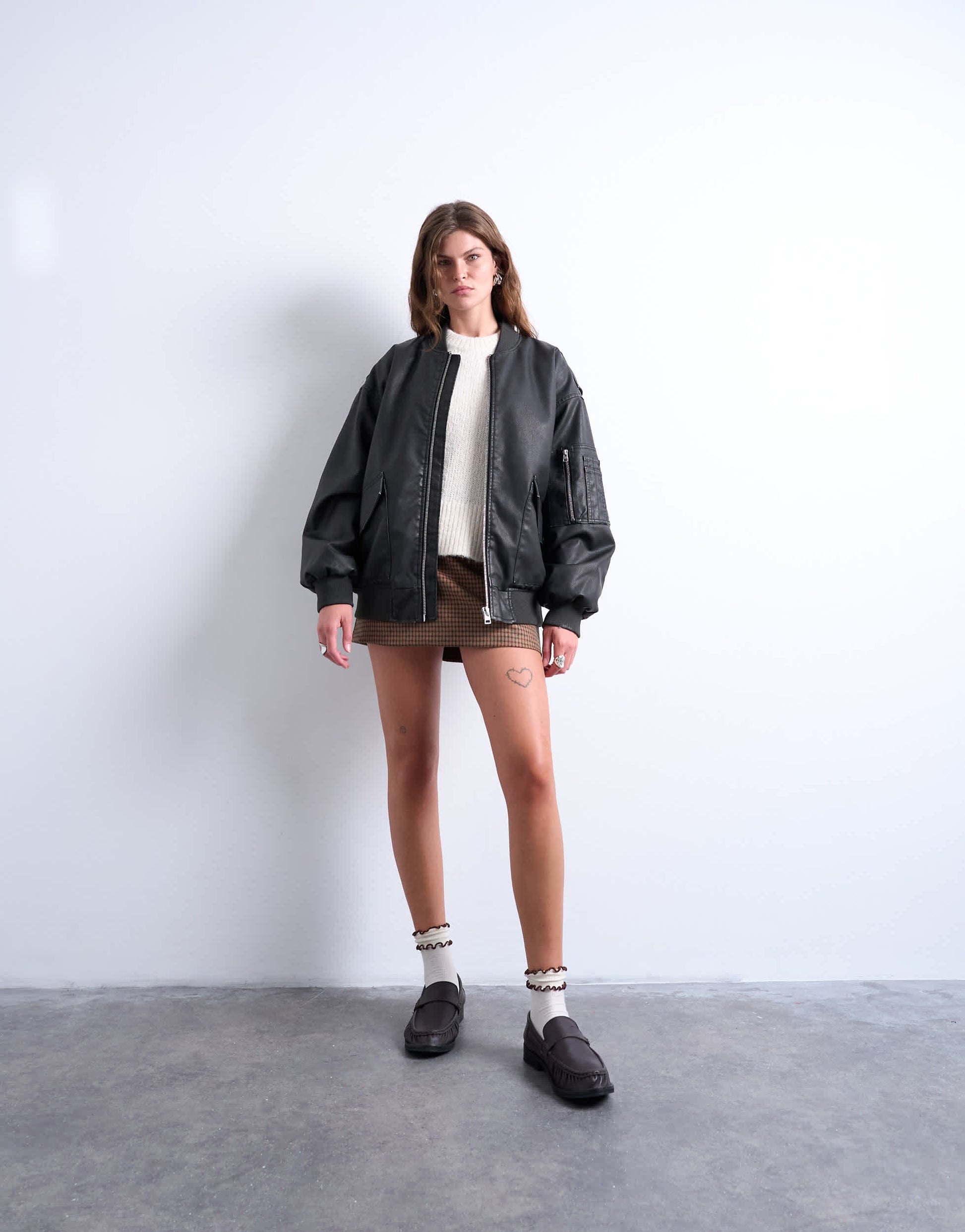 Topshop oversized faux leather washed MA1 bomber jacket in washed black
