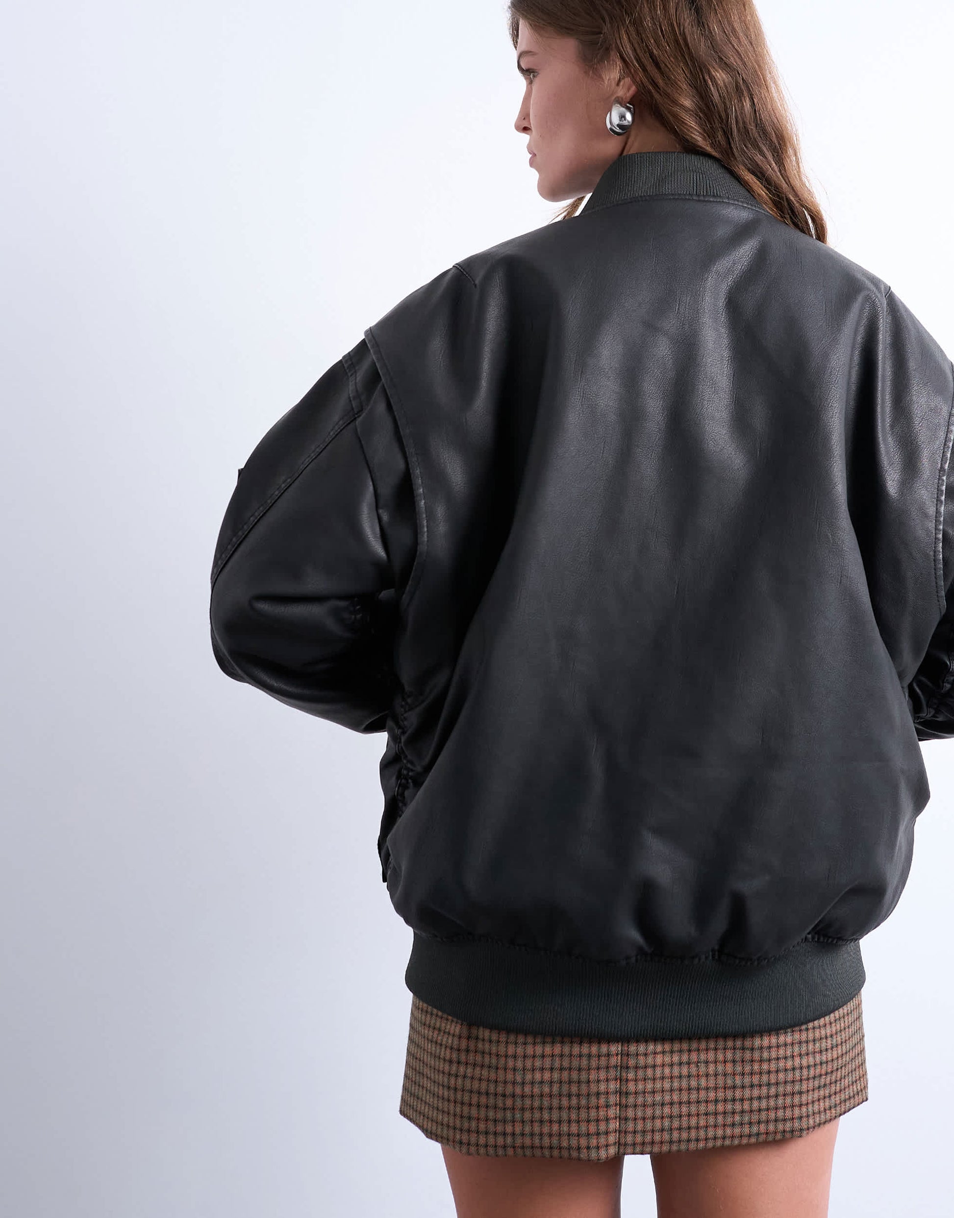 Topshop oversized faux leather washed MA1 bomber jacket in washed black