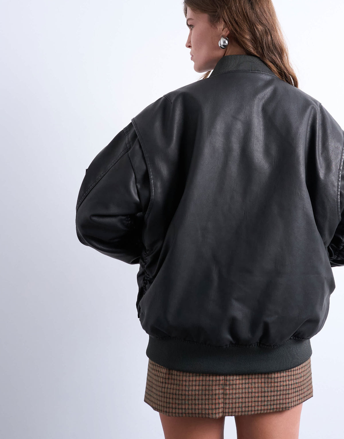 Topshop oversized faux leather washed MA1 bomber jacket in washed black