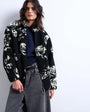 Topshop mono floral print fleece borg jacket in rose