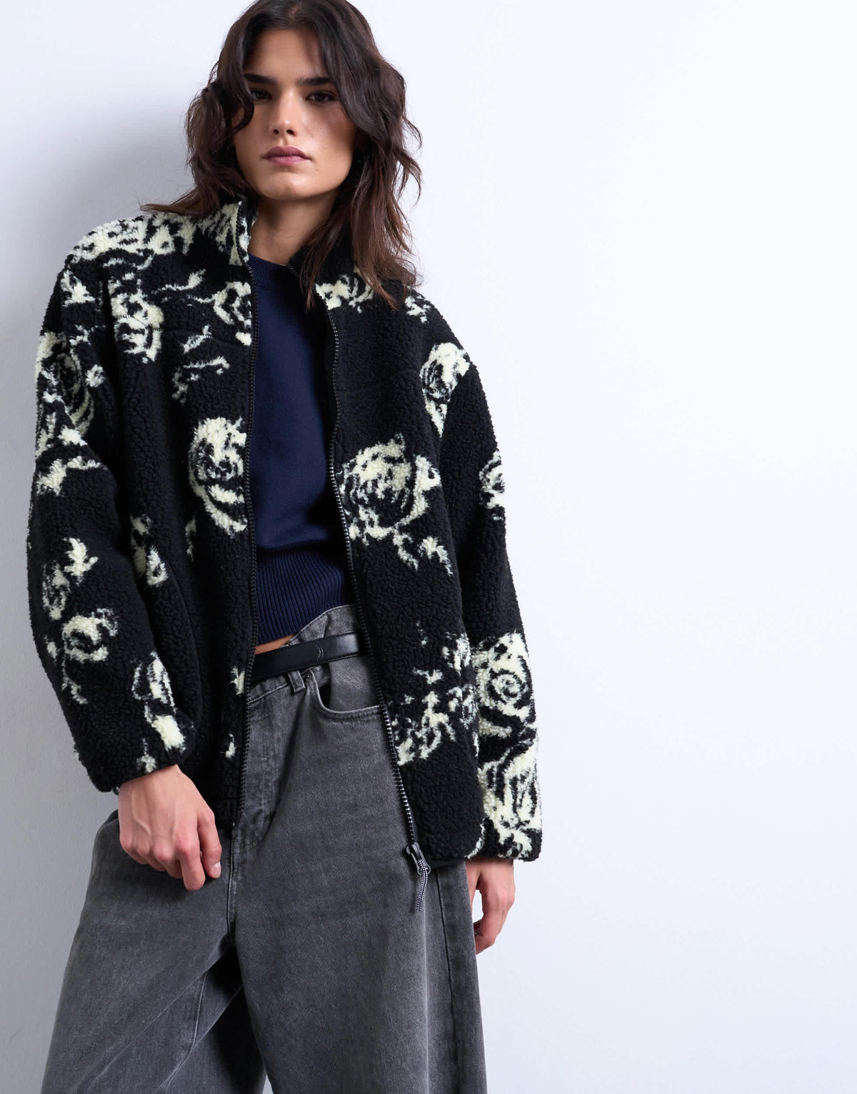 Topshop mono floral print fleece borg jacket in rose