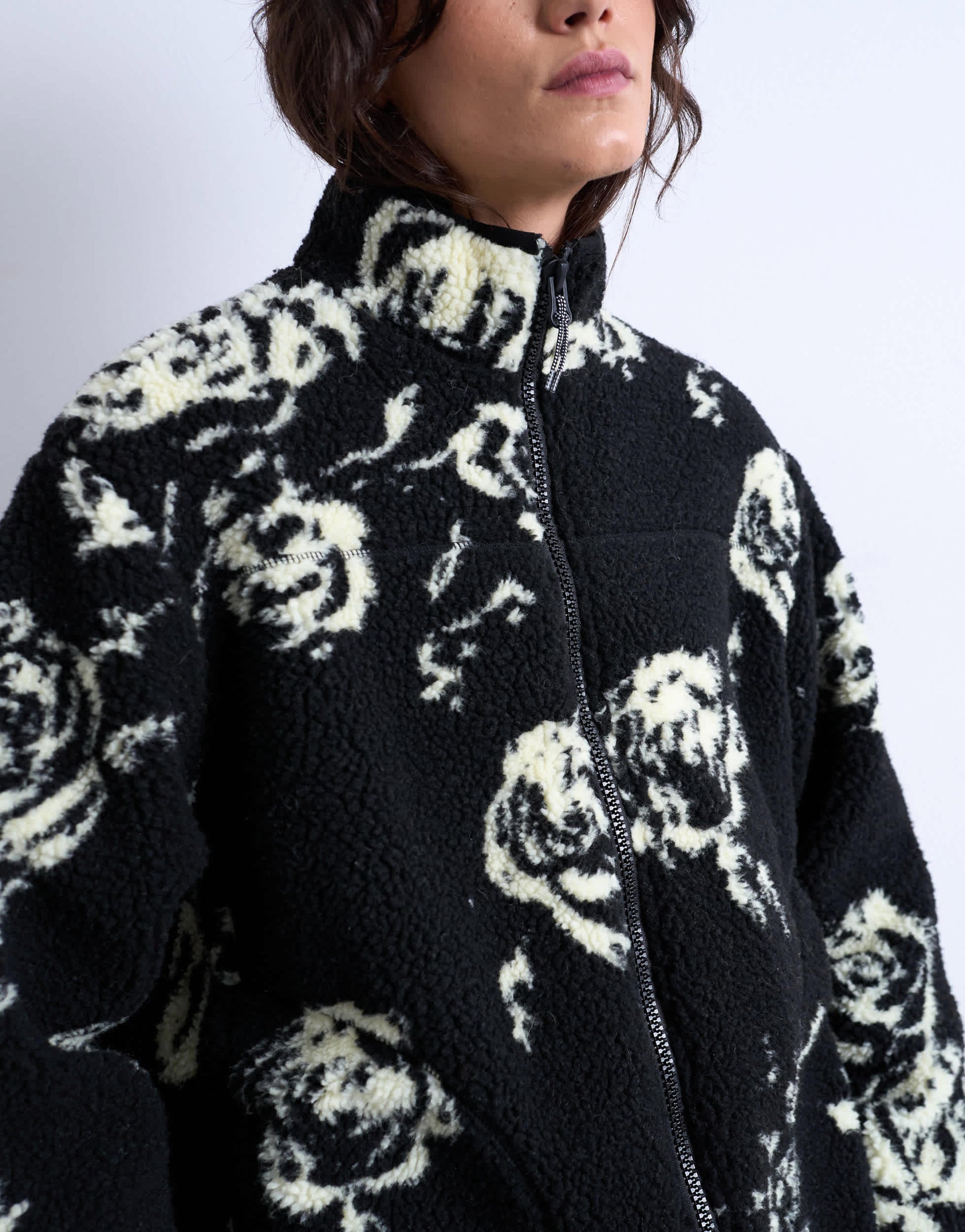 Topshop mono floral print fleece borg jacket in rose