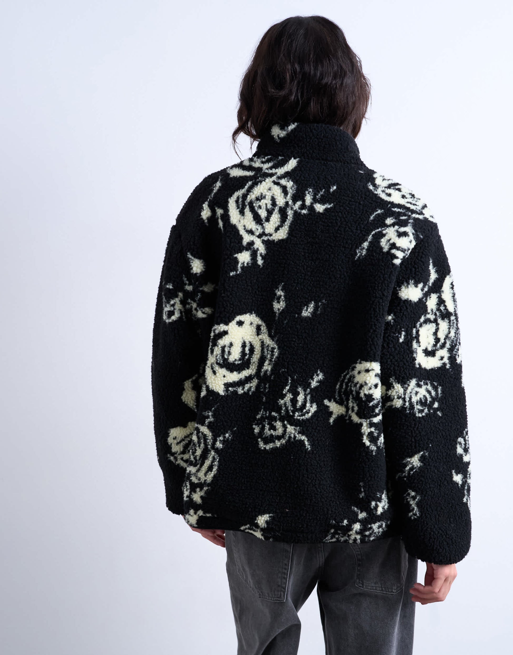 Topshop mono floral print fleece borg jacket in rose