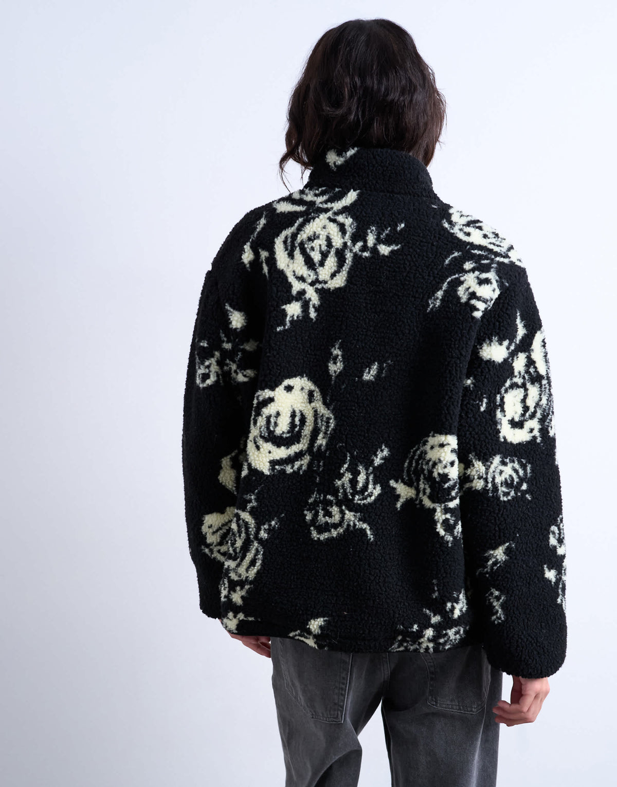 Topshop mono floral print fleece borg jacket in rose