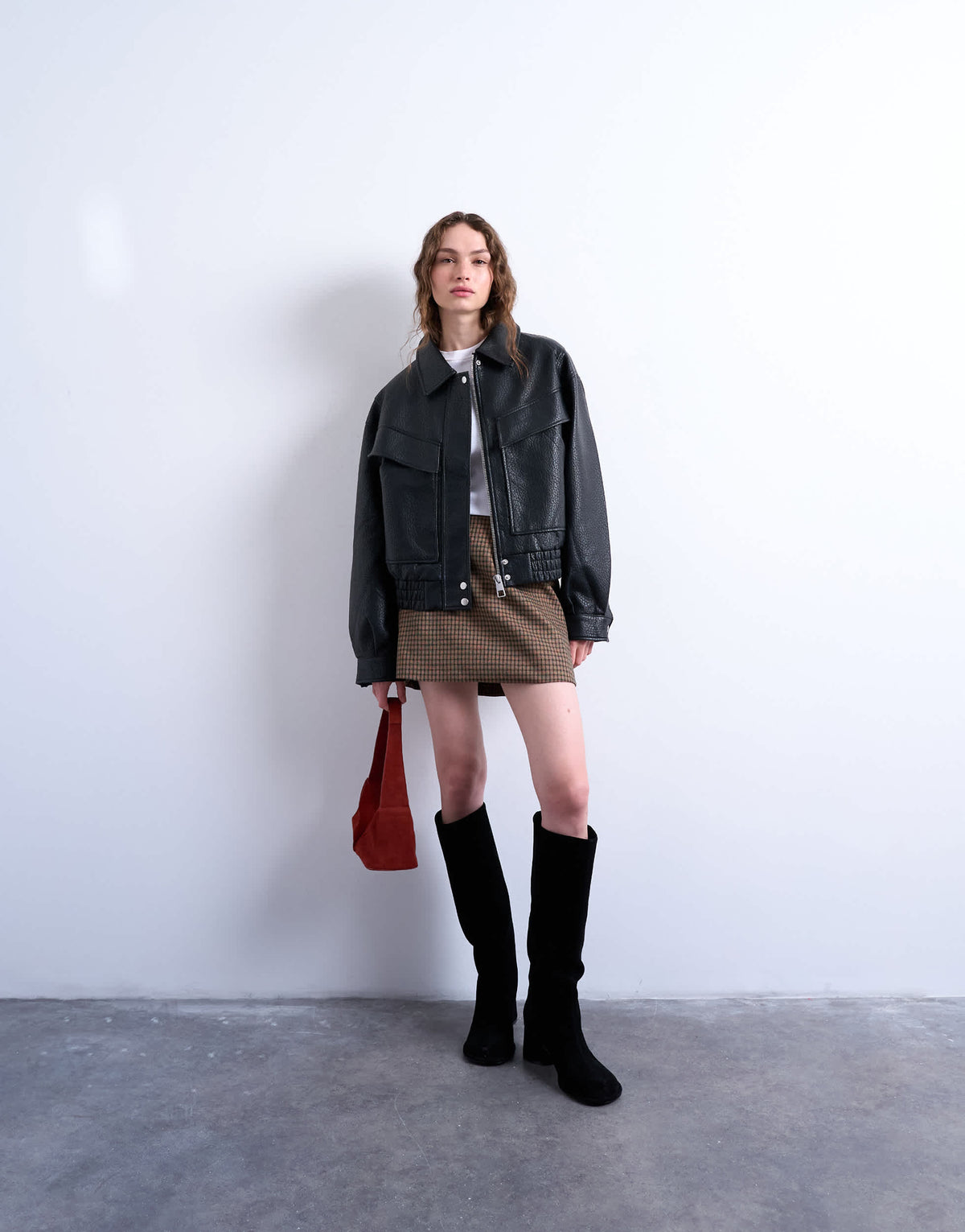 Topshop oversized faux leather bubble boxy zip through bomber jacket in black