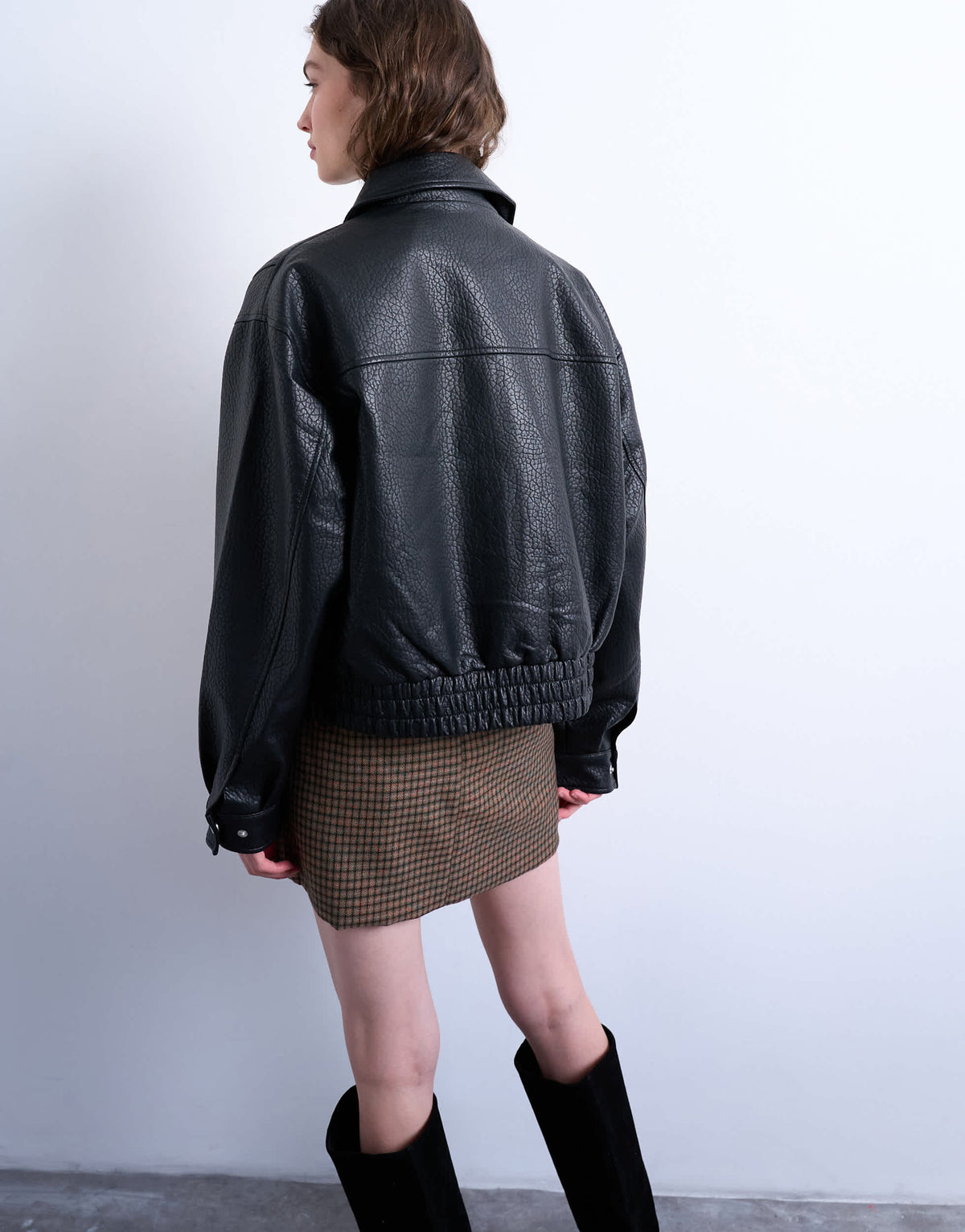 Topshop oversized faux leather bubble boxy zip through bomber jacket in black