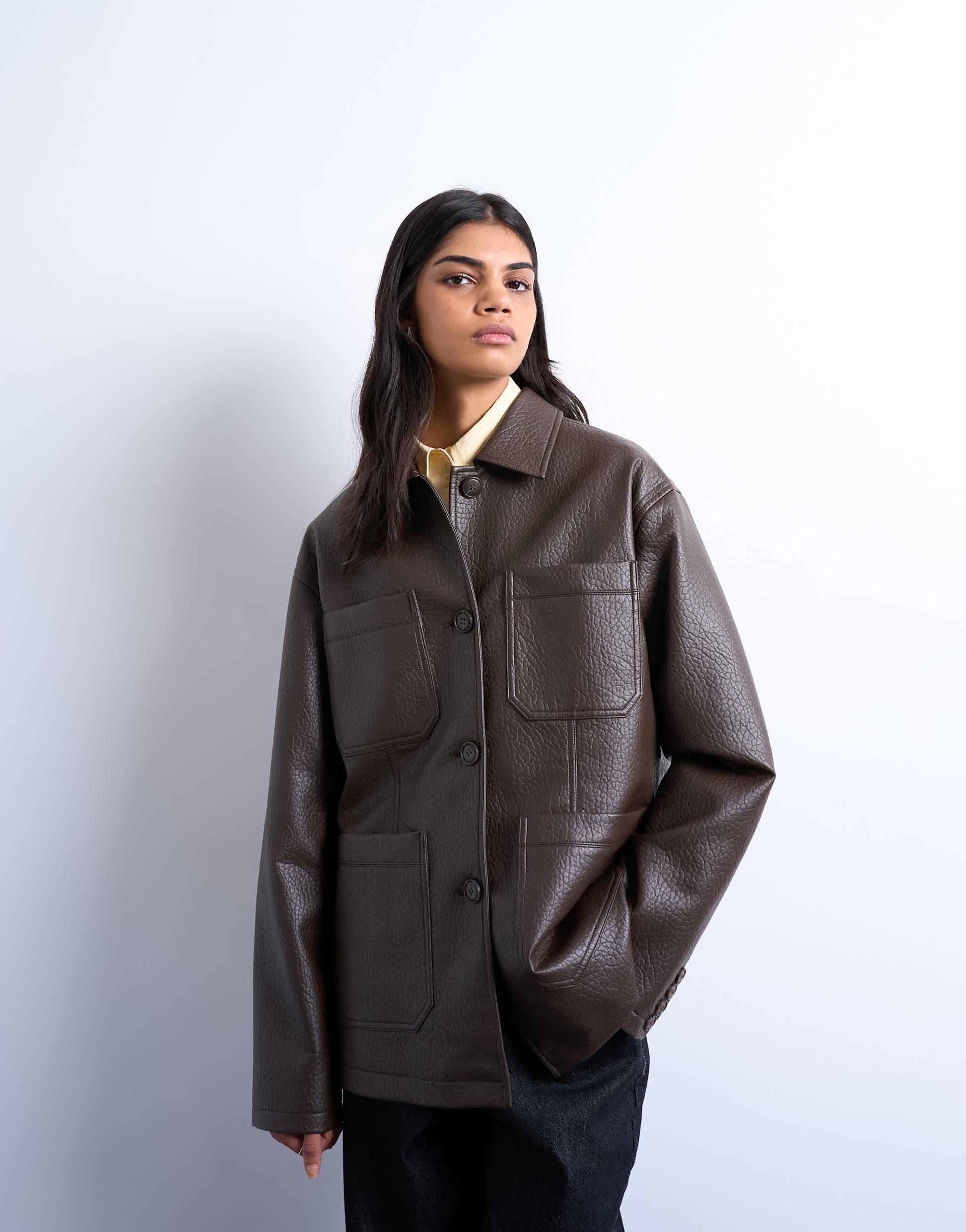 Topshop faux leather bubble revere casual shacket in chocolate