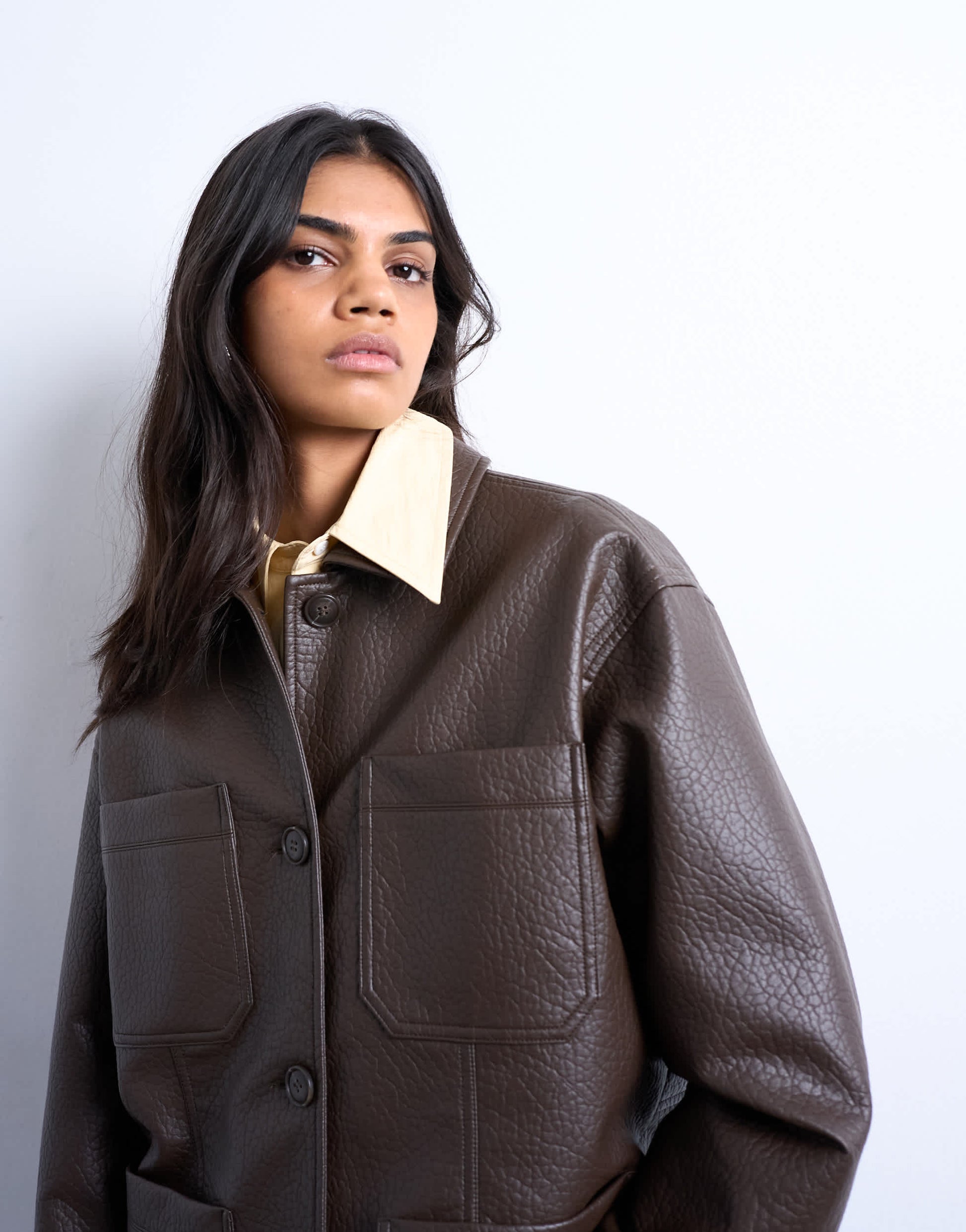 Topshop faux leather bubble revere casual shacket in chocolate