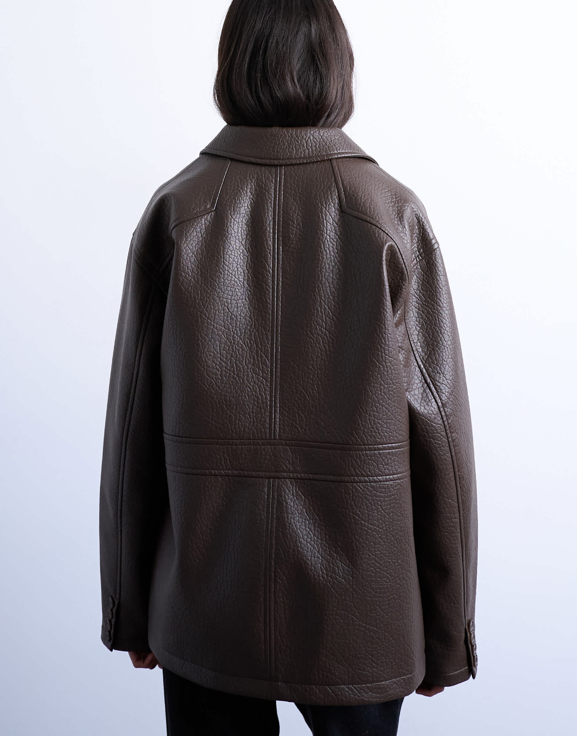 Topshop faux leather bubble revere casual shacket in chocolate