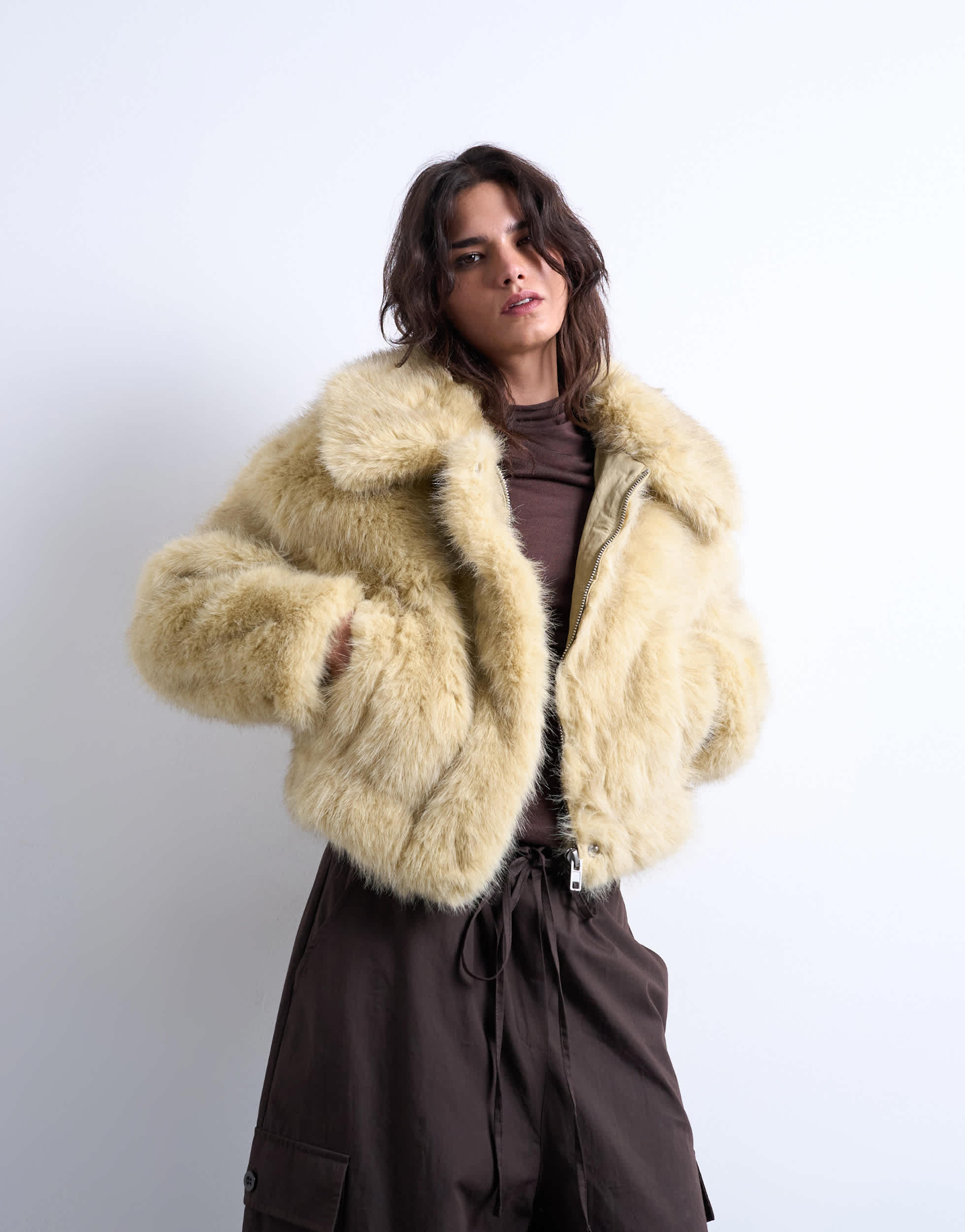 Topshop faux fur zip thru bomber jacket in buttermilk