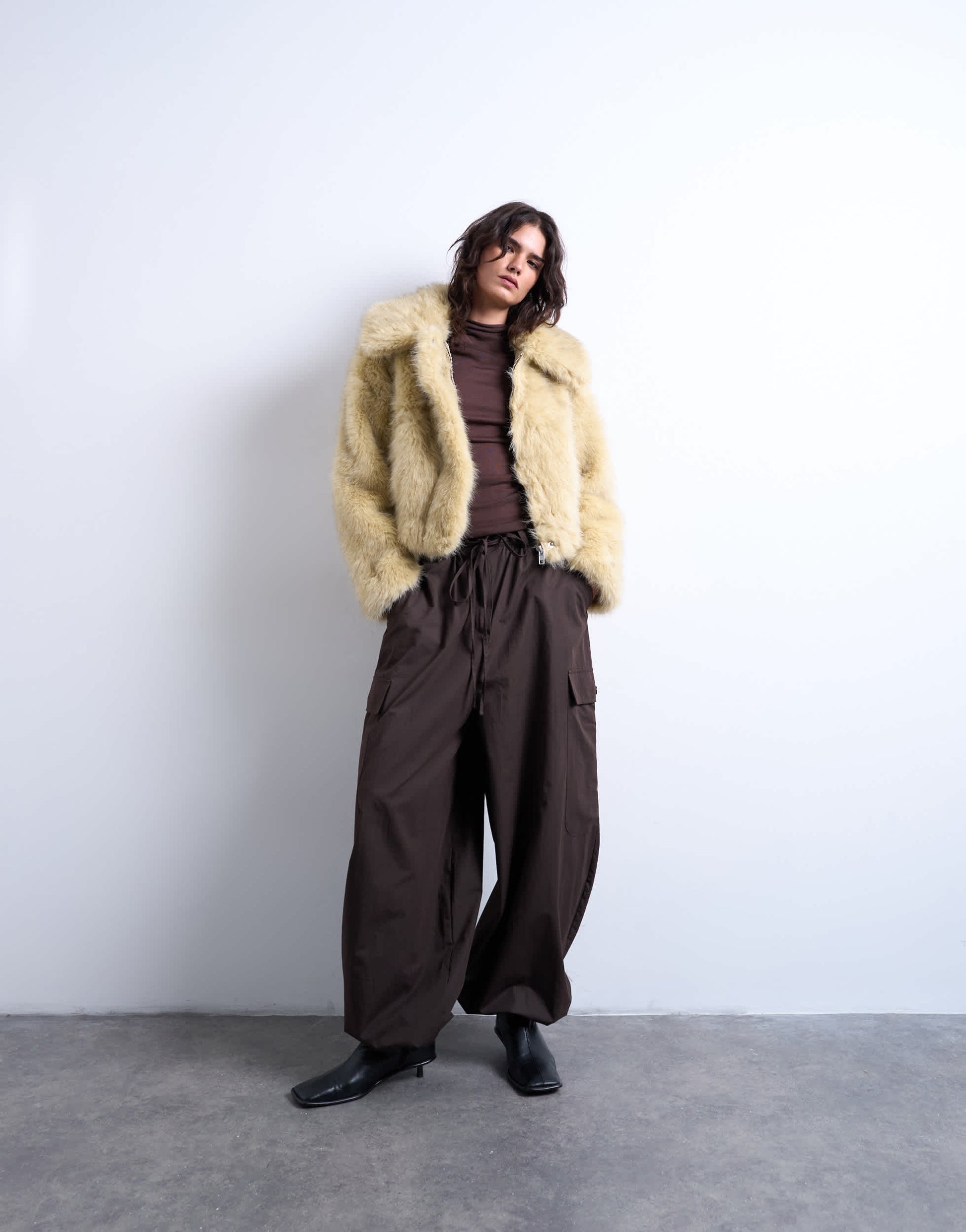 Topshop faux fur zip thru bomber jacket in buttermilk