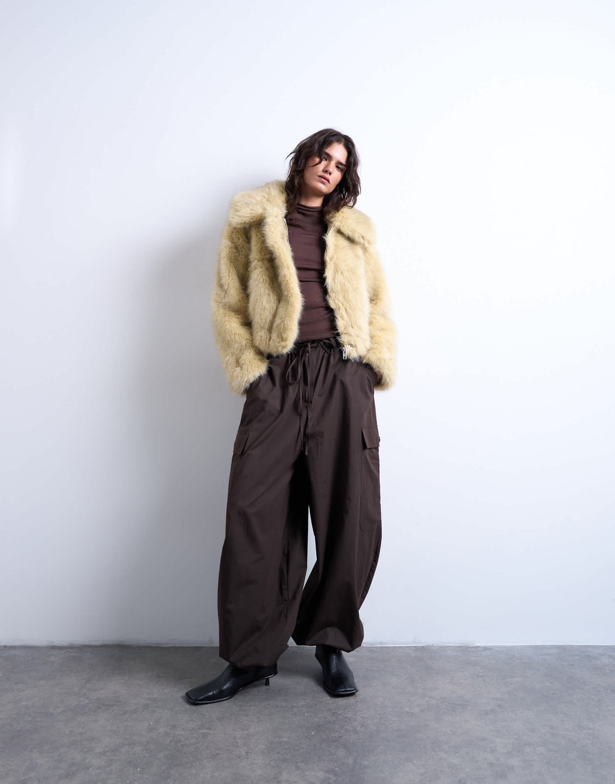 Topshop faux fur zip thru bomber jacket in buttermilk