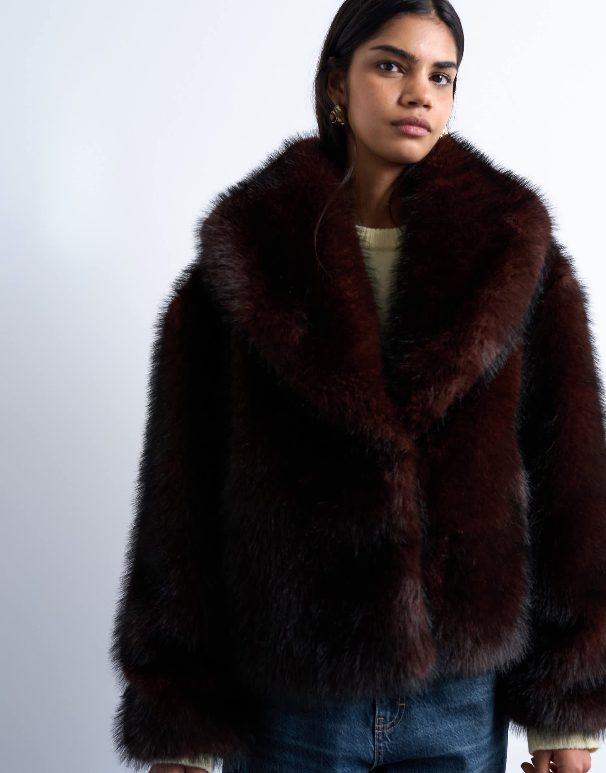 Topshop faux fur boxy shawl coat in dark burgundy