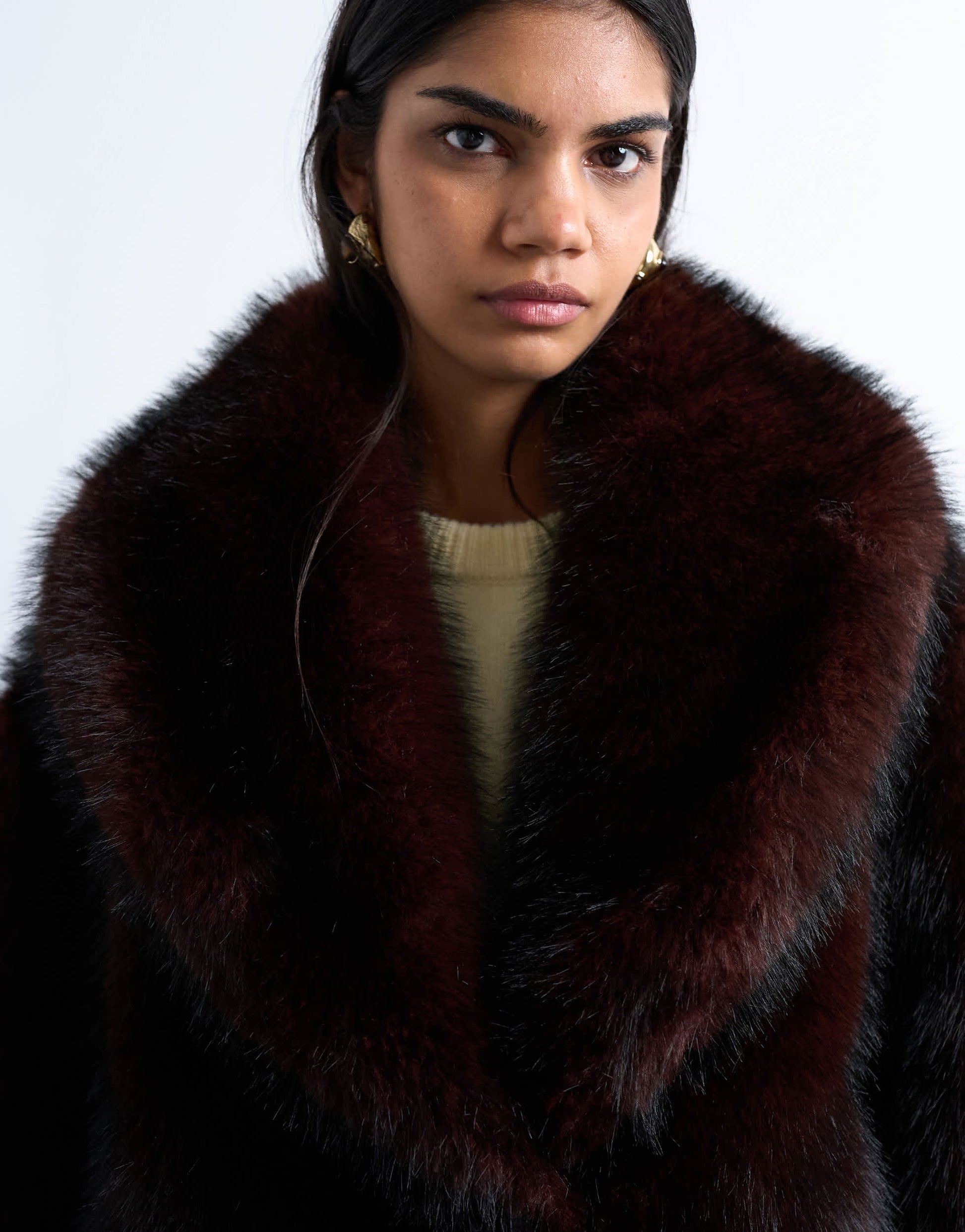 Topshop faux fur boxy shawl coat in dark burgundy
