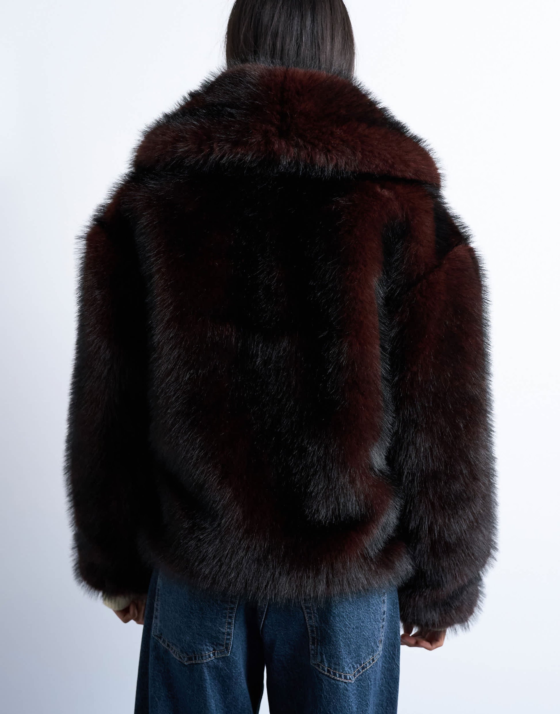 Topshop faux fur boxy shawl coat in dark burgundy