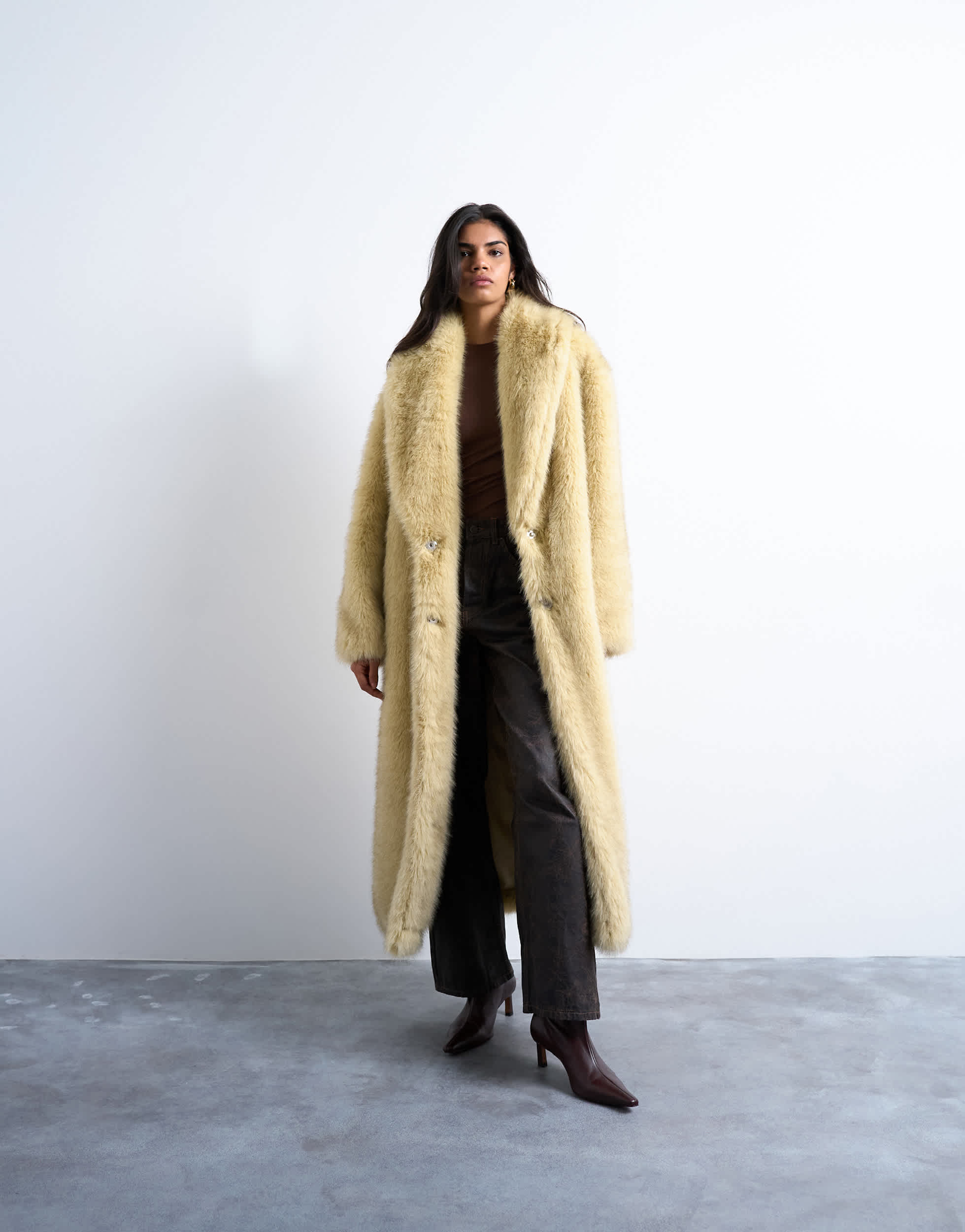 Topshop faux fur super long oversized shawl coat in buttermilk