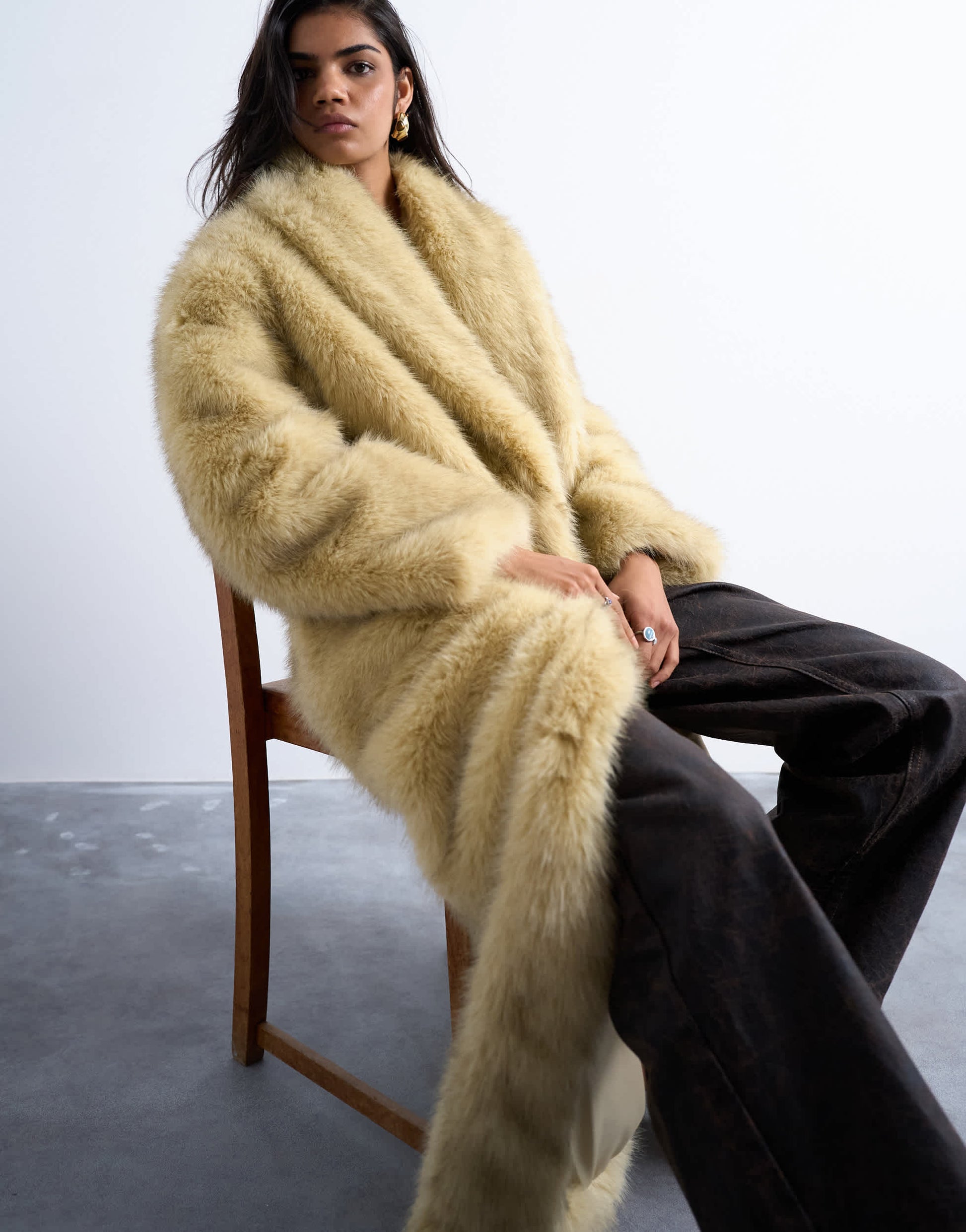 Topshop faux fur super long oversized shawl coat in buttermilk