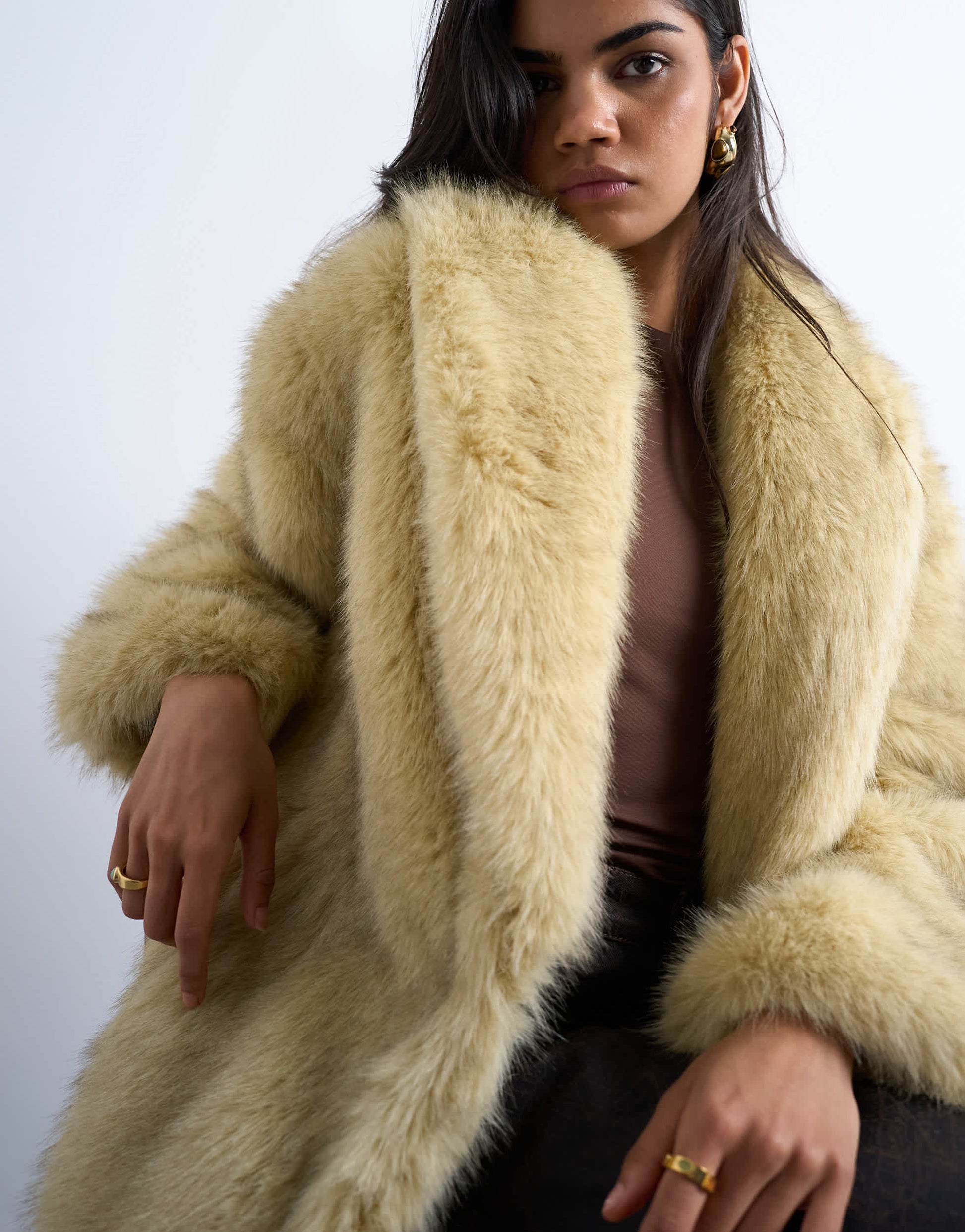 Topshop faux fur super long oversized shawl coat in buttermilk