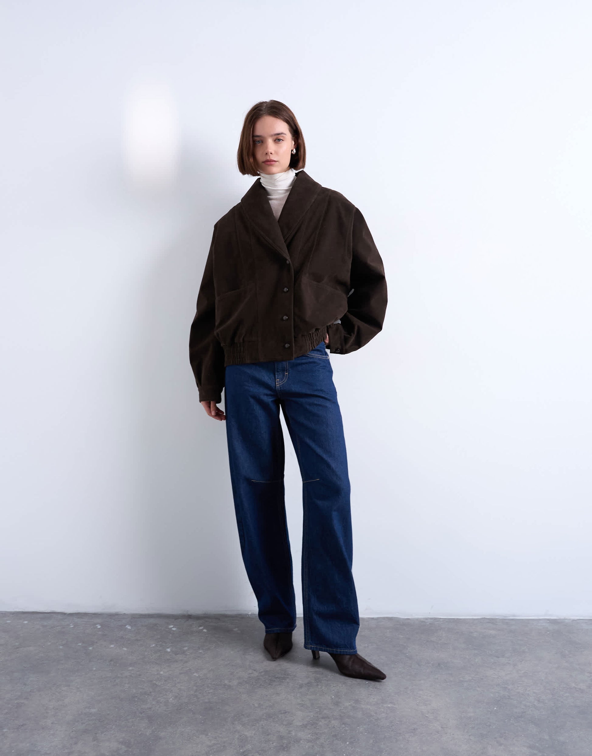 Topshop oversized faux suede shawl bomber jacket in chocolate
