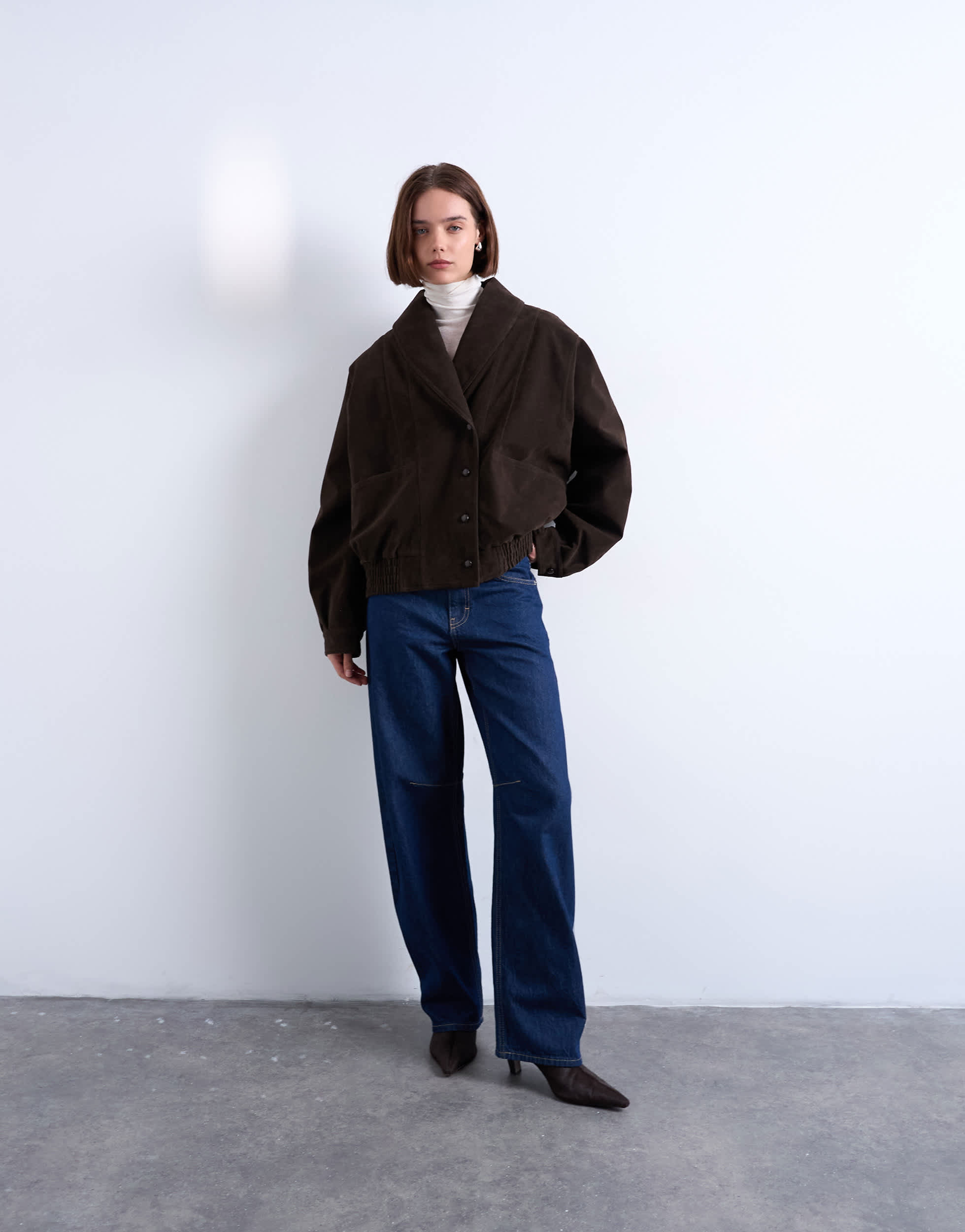 Topshop oversized faux suede shawl bomber jacket in chocolate