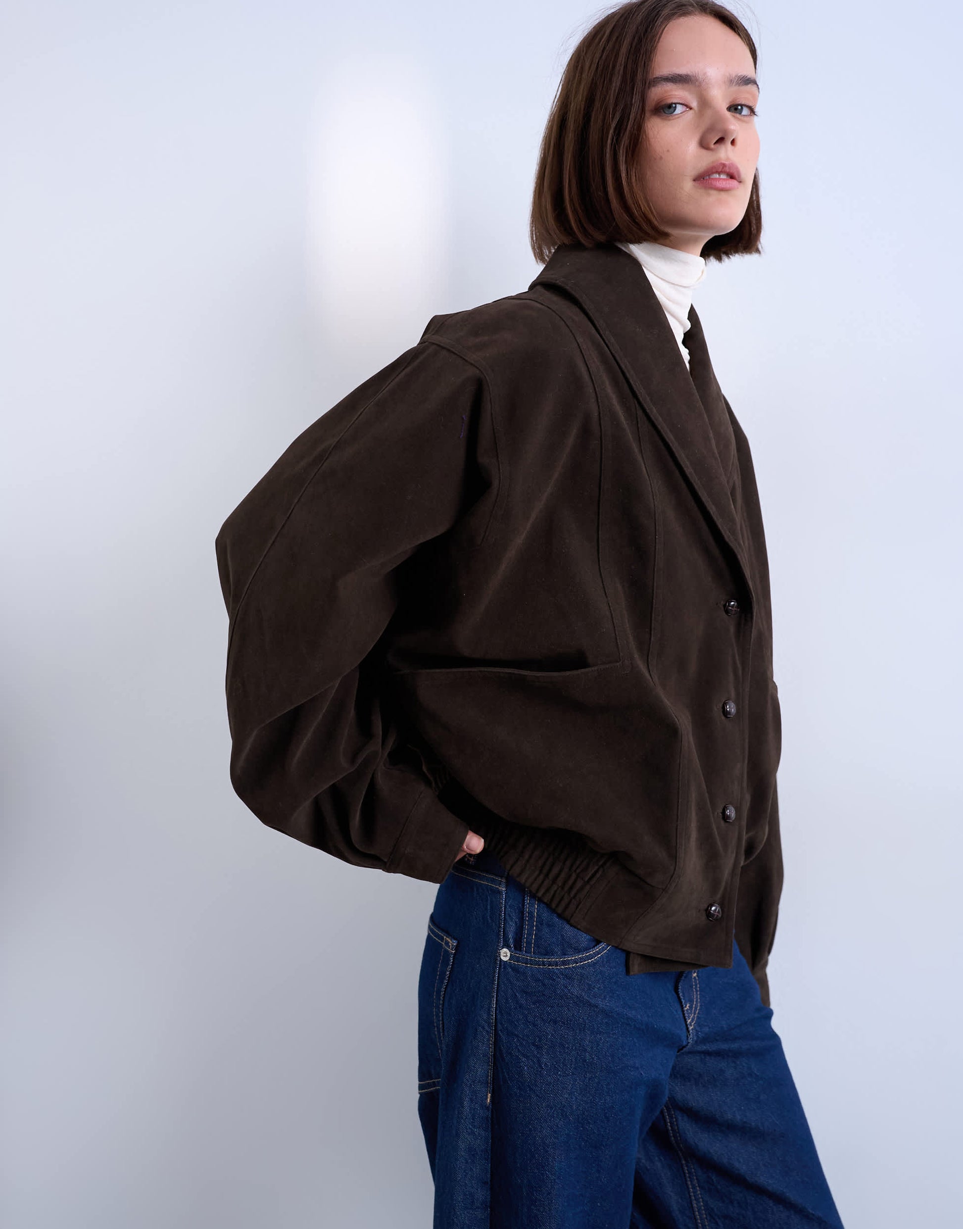Topshop oversized faux suede shawl bomber jacket in chocolate