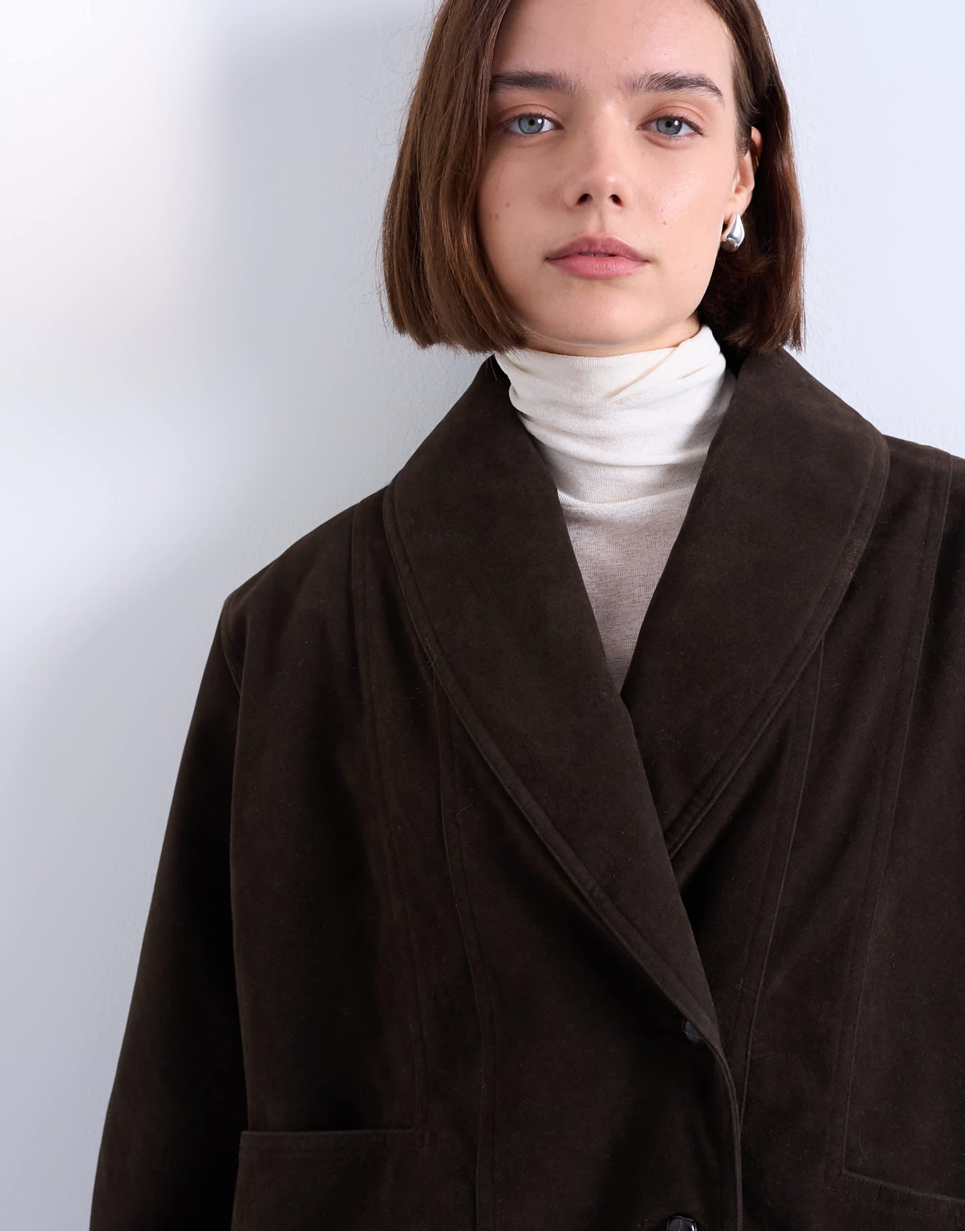 Topshop oversized faux suede shawl bomber jacket in chocolate
