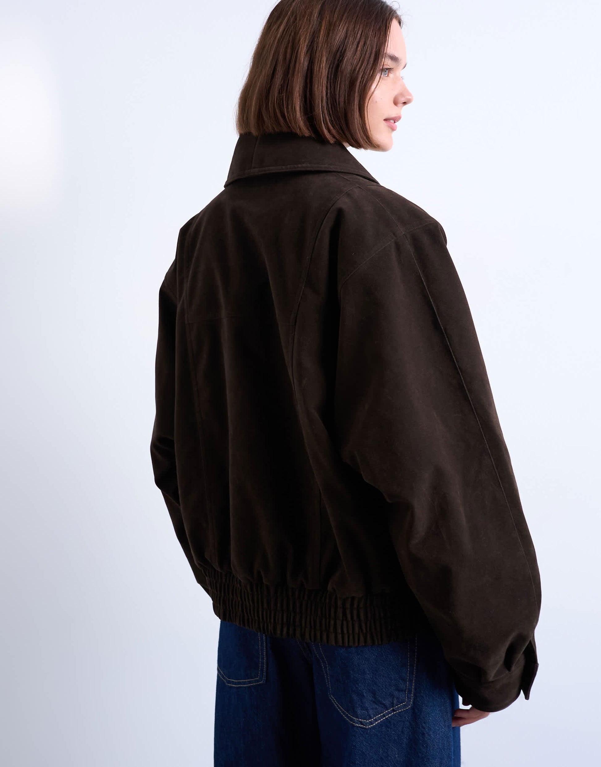 Topshop oversized faux suede shawl bomber jacket in chocolate