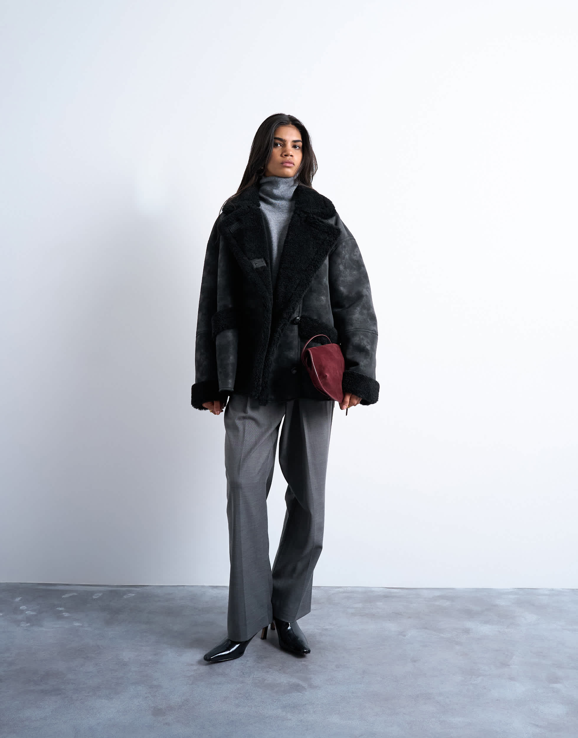 Topshop shearling super oversized car coat in black