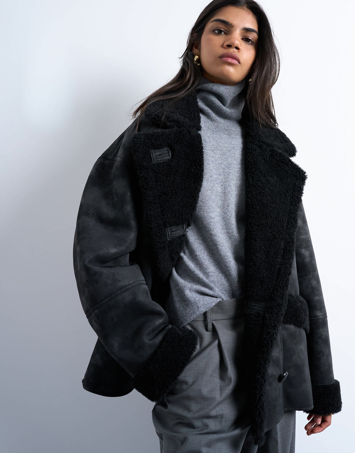 Topshop shearling super oversized car coat in black