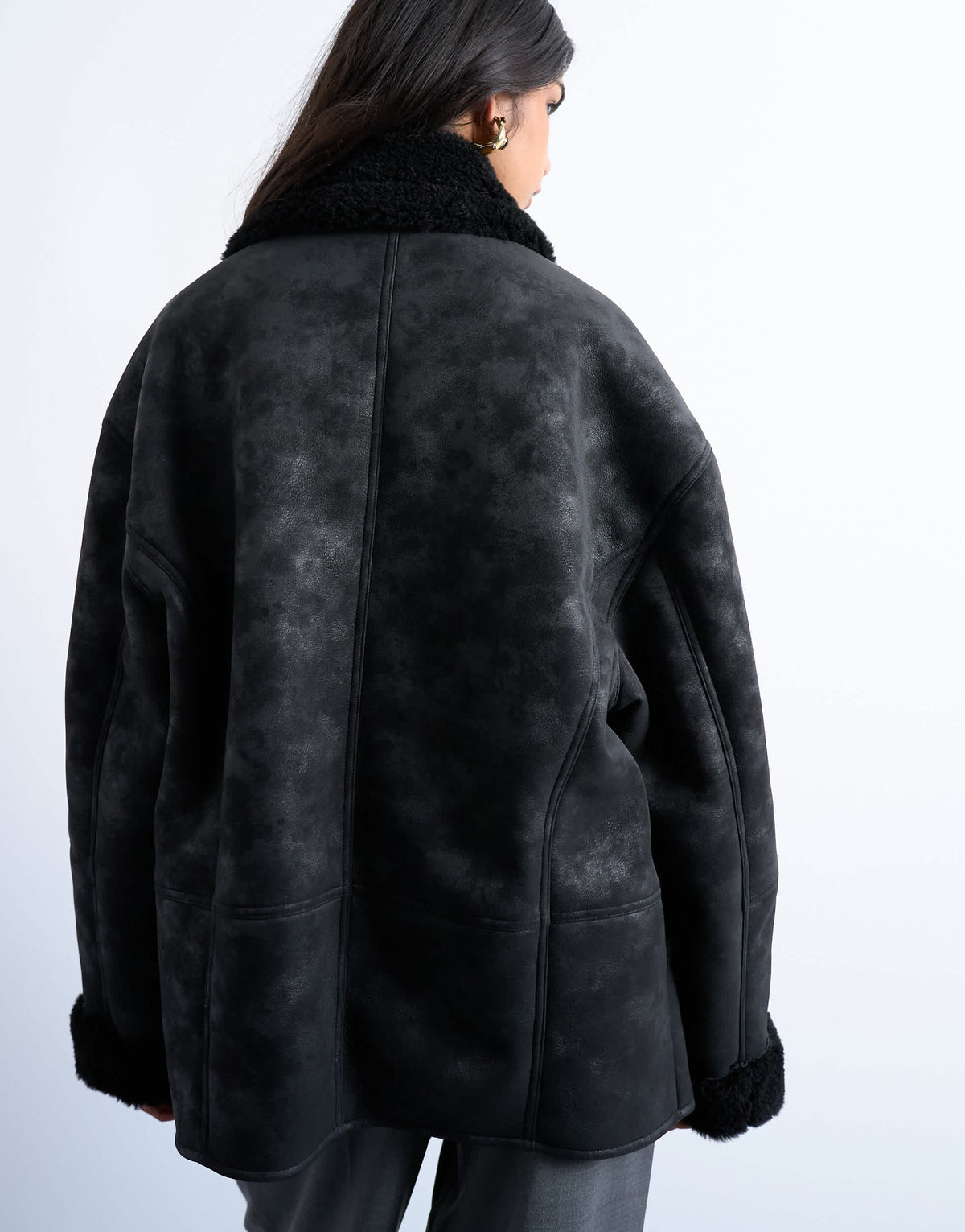 Topshop shearling super oversized car coat in black