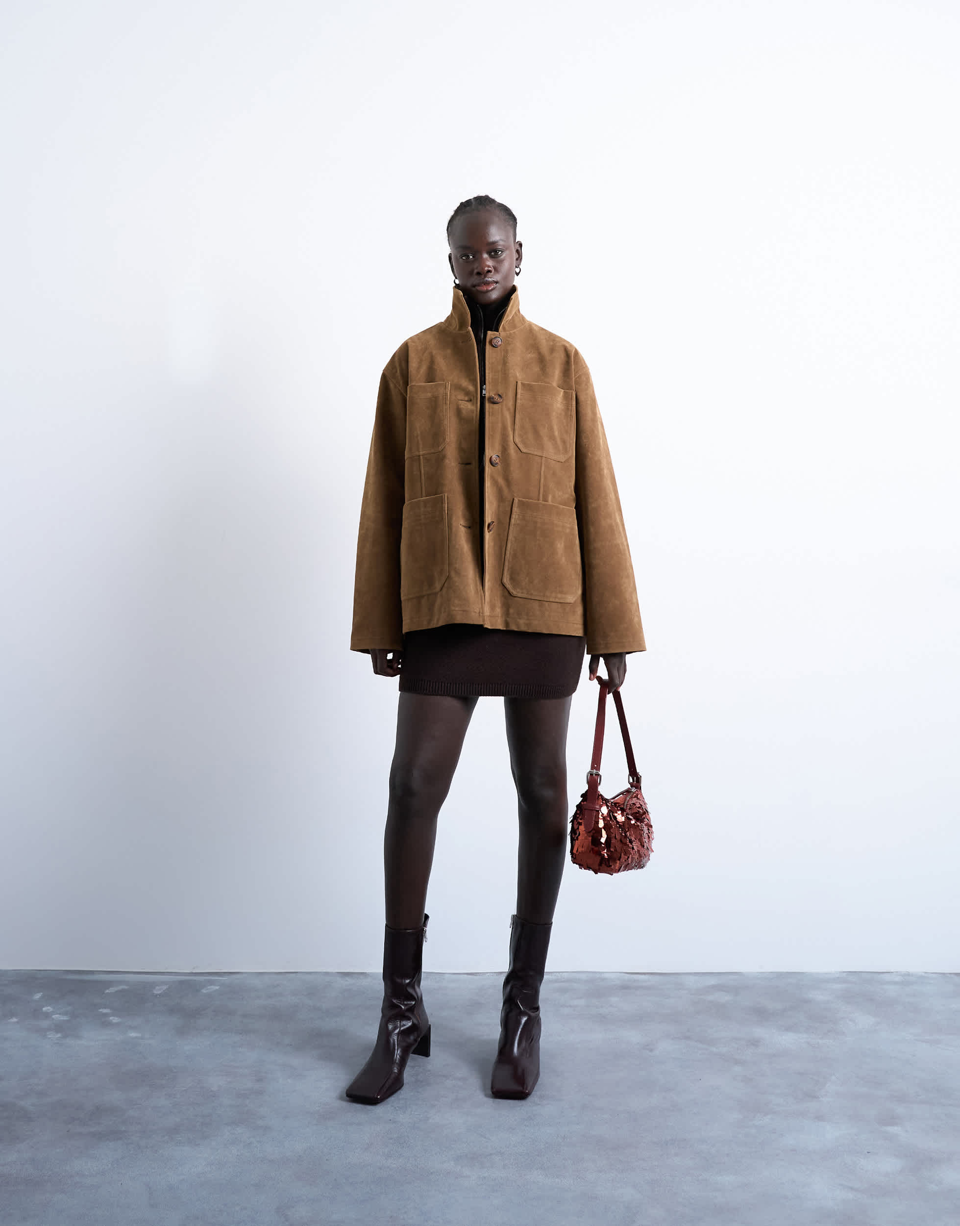 Topshop faux suede boxy casual shacket in tan