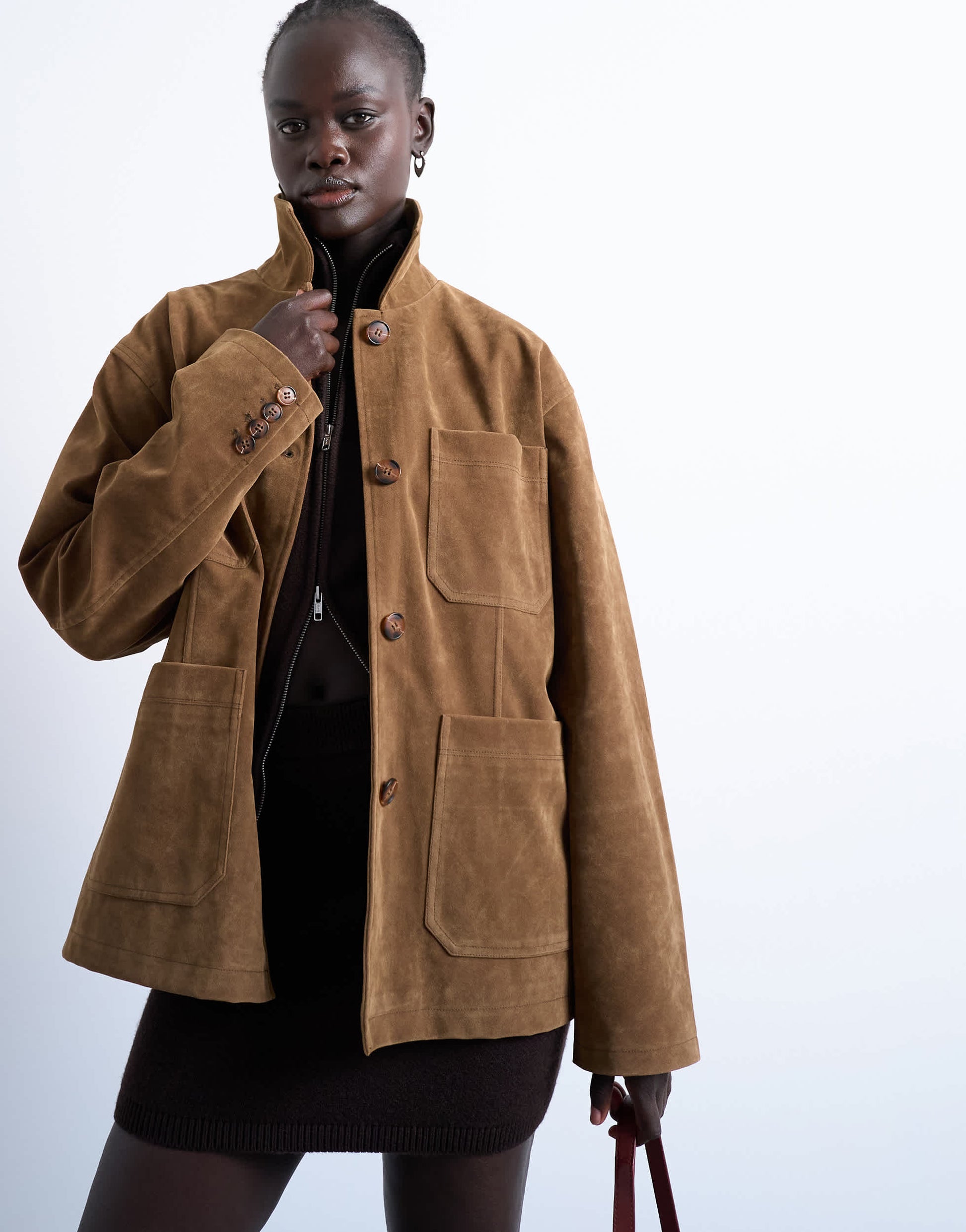 Topshop faux suede boxy casual shacket in tan