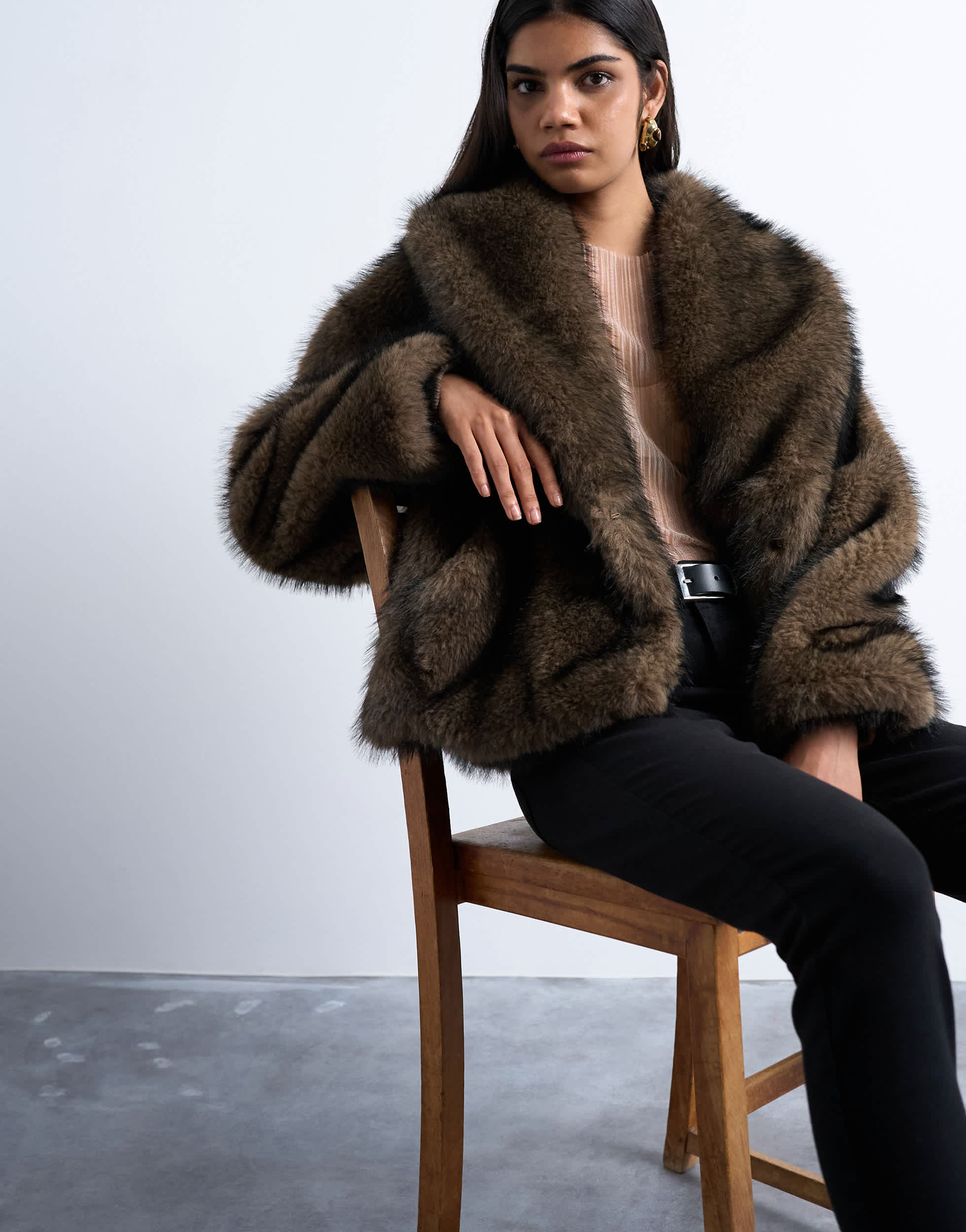 Topshop faux fur boxy shawl coat in mink