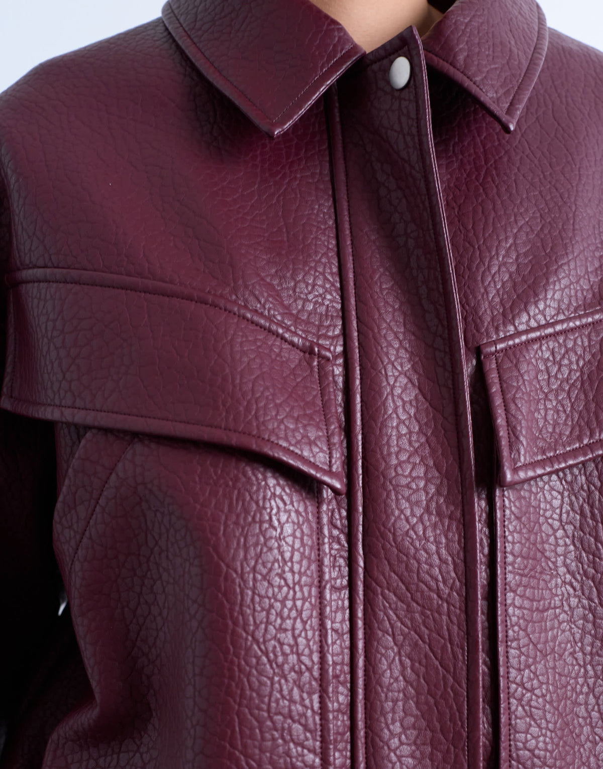 Topshop oversized faux leather bubble boxy zip through bomber jacket in burgundy