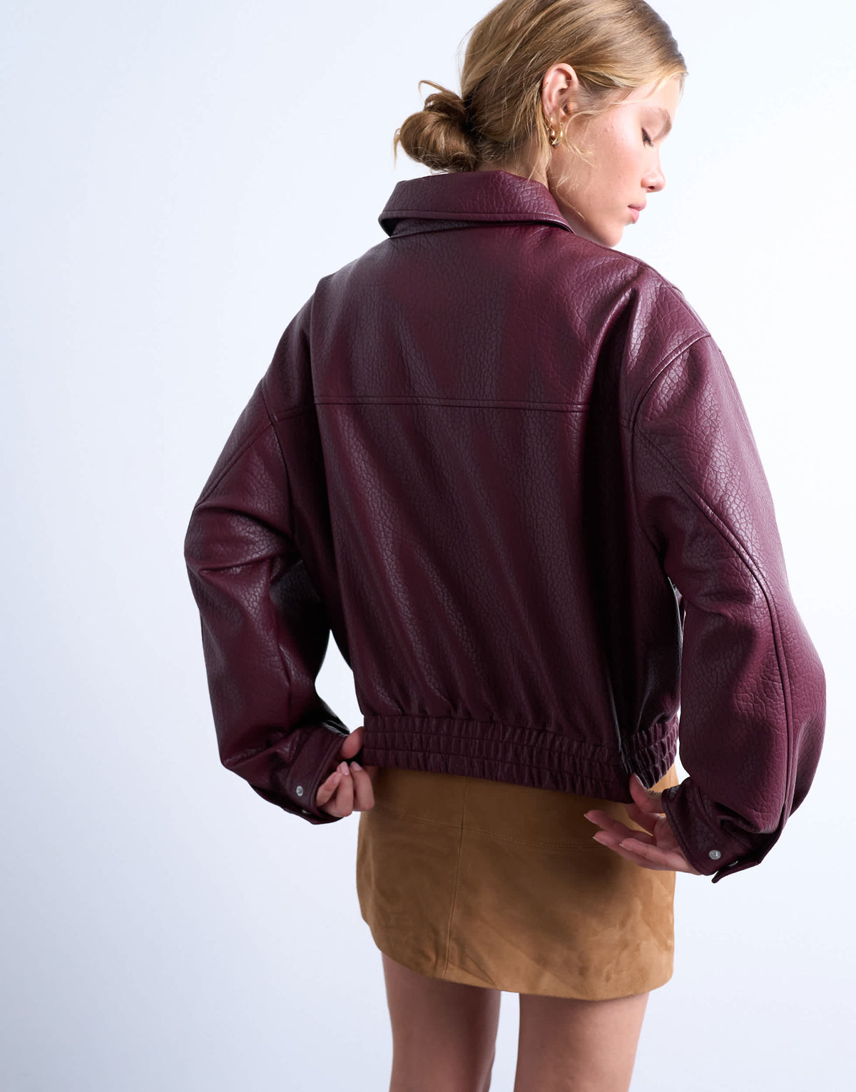 Topshop oversized faux leather bubble boxy zip through bomber jacket in burgundy