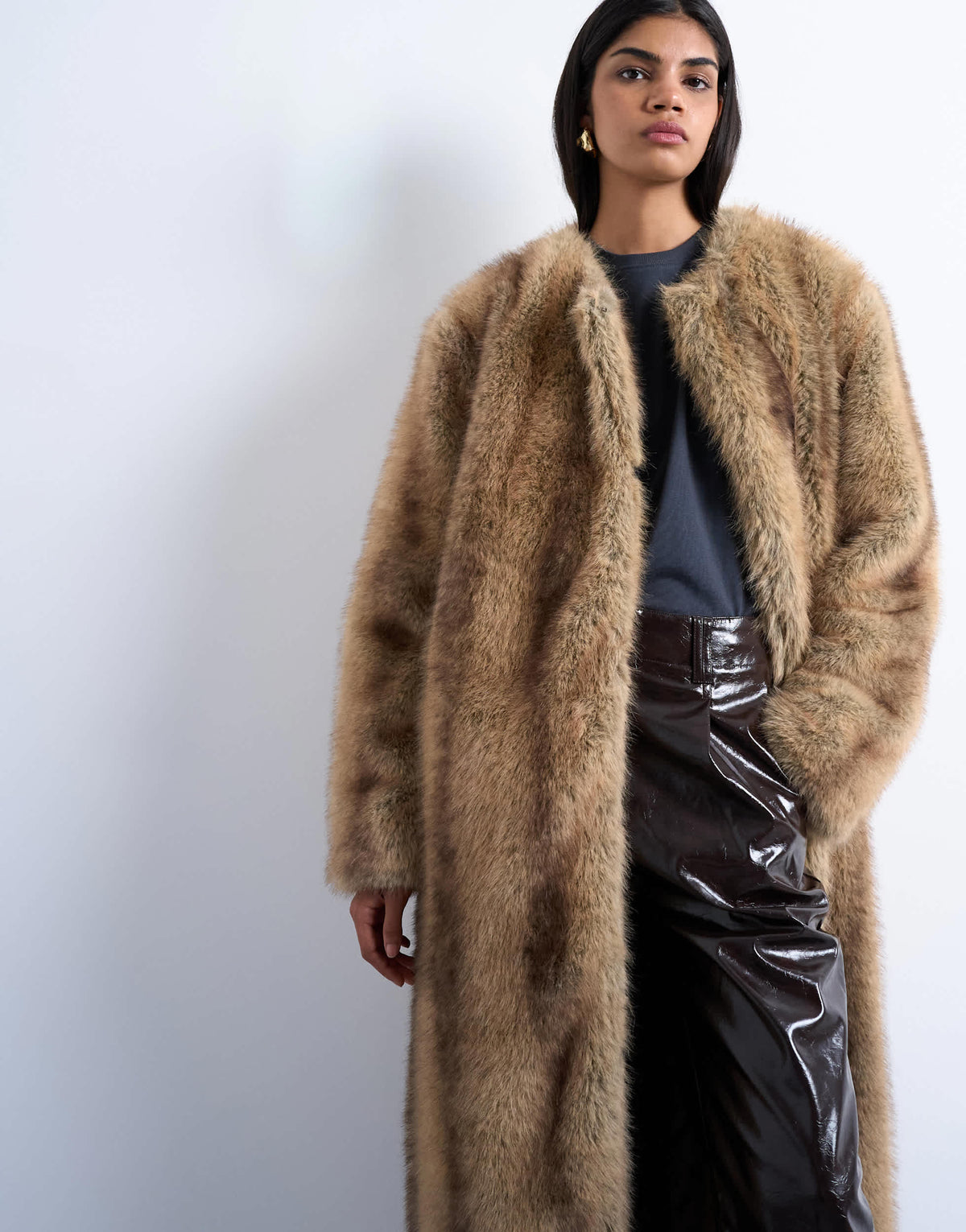 Topshop oversized faux fur collarless long coat in natural stripe in beige