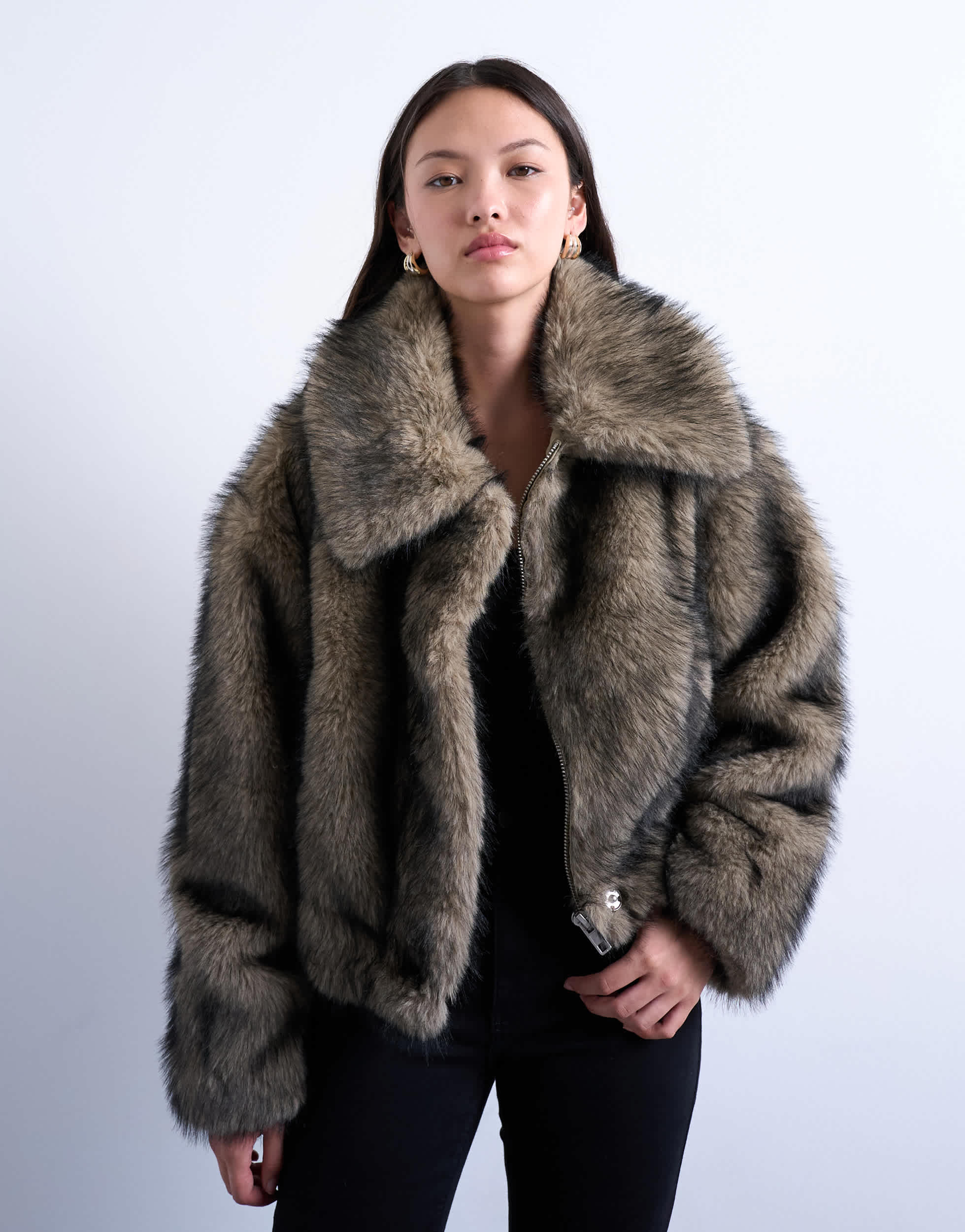 Topshop faux fur zip thru bomber jacket in natural