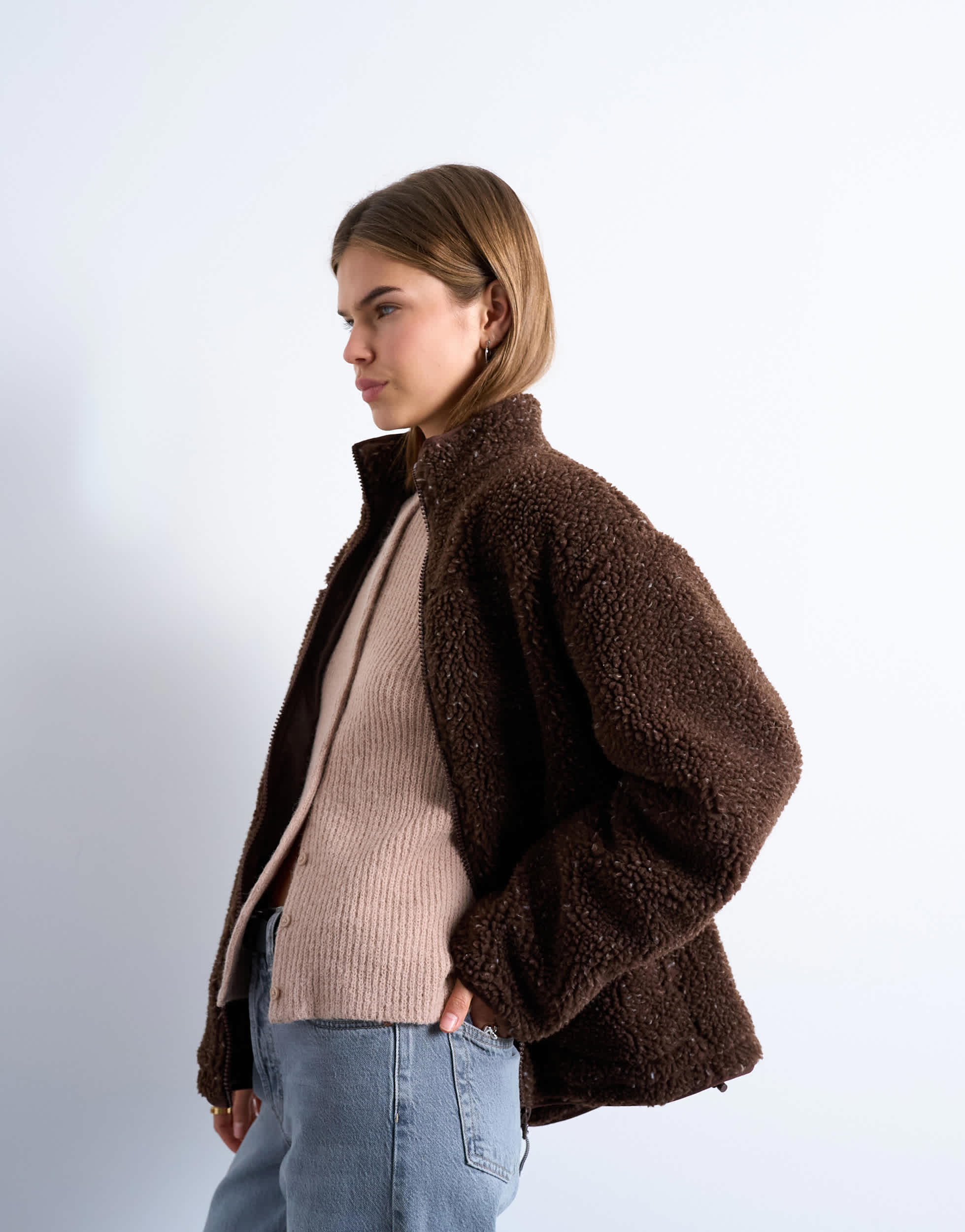 Topshop Oversize-Fleecejacke in Schokoladenbraun gesprenkelt