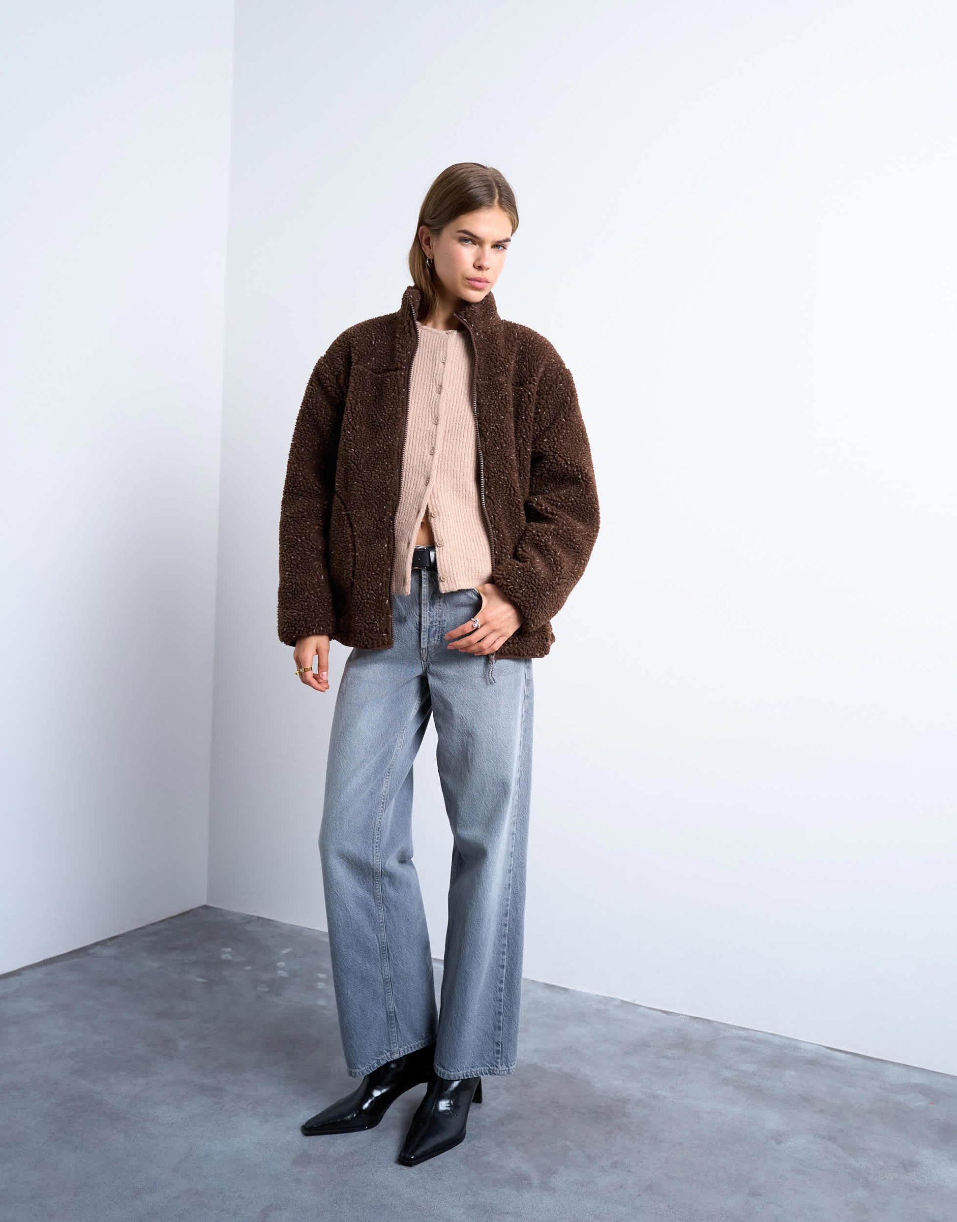 Topshop oversized funnel fleece jacket in chocolate speckle