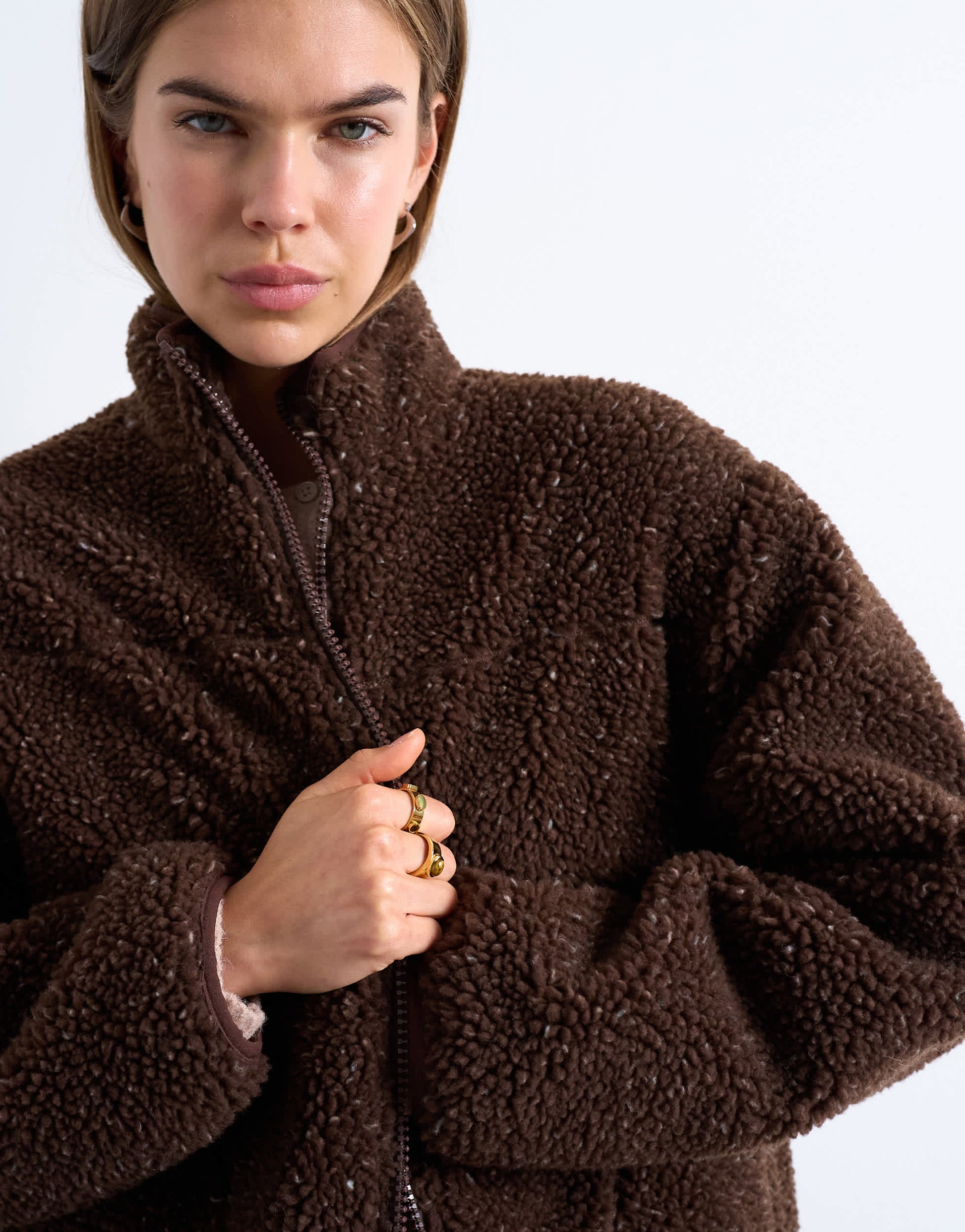 Topshop oversized funnel fleece jacket in chocolate speckle
