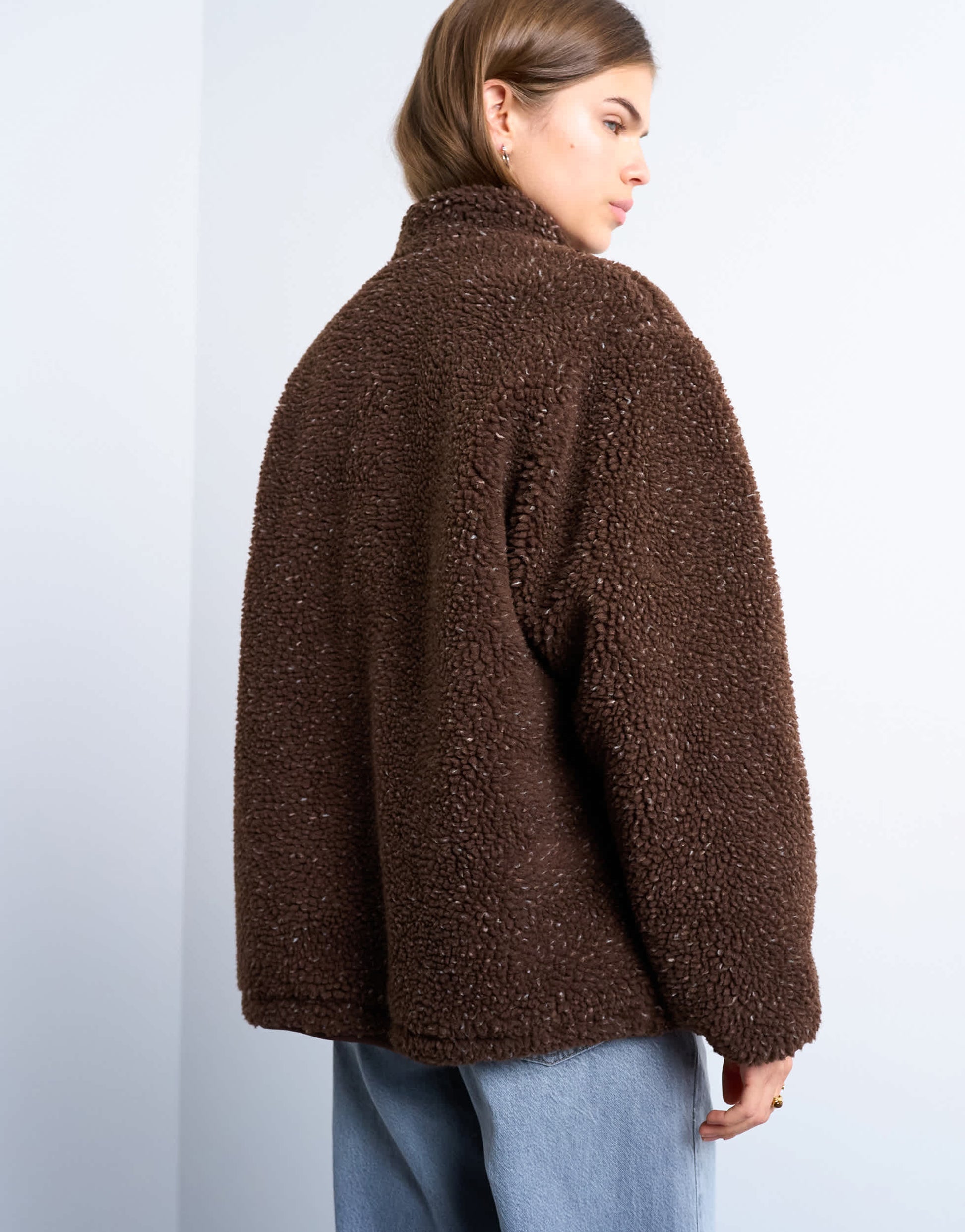 Topshop oversized funnel fleece jacket in chocolate speckle