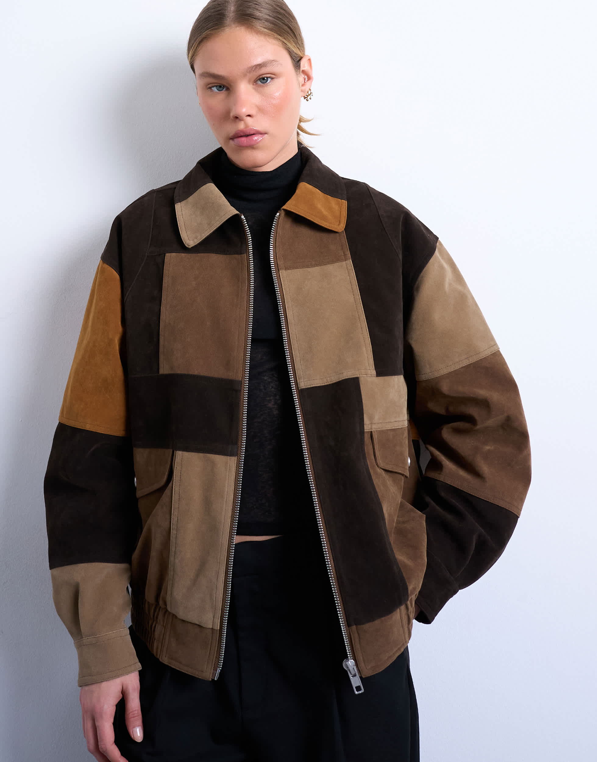 Topshop faux suede patchwork bomber jacket in multi