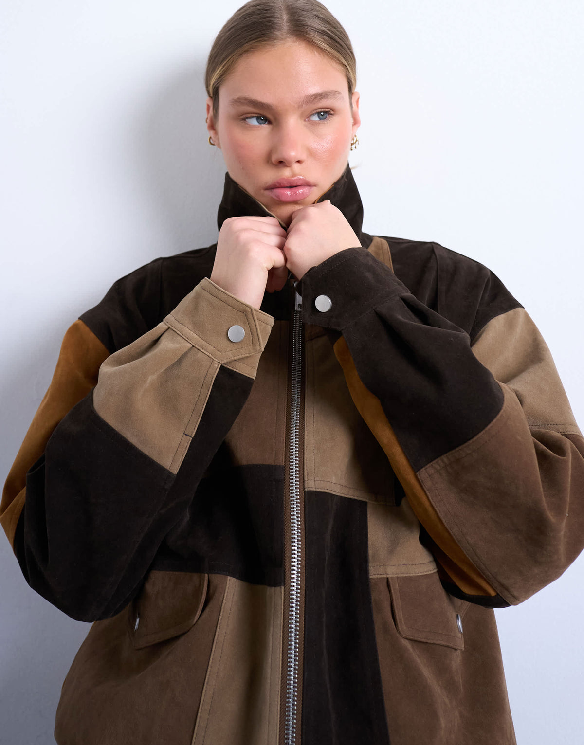 Topshop faux suede patchwork bomber jacket in multi