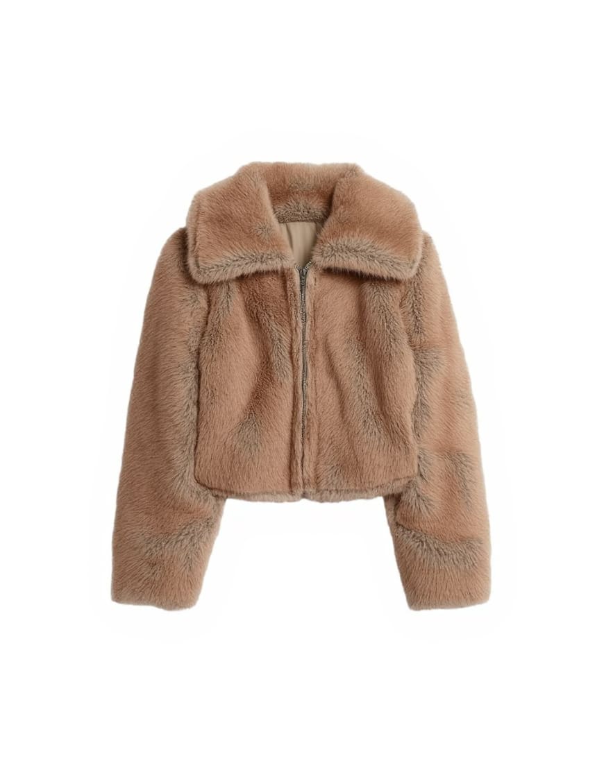 Topshop faux fur stripe zip thru bomber jacket in light brown