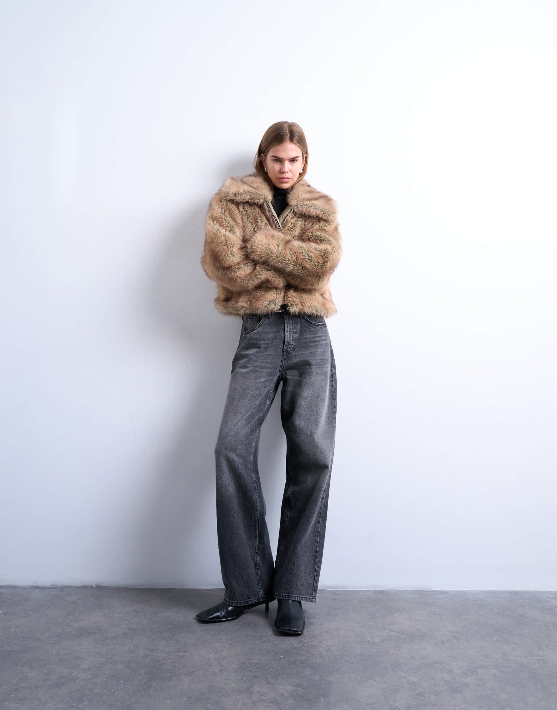 Topshop faux fur stripe zip thru bomber jacket in light brown